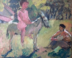 Mid Century French Impressionist Oil Painting Girl Horse Riding with Her Teacher