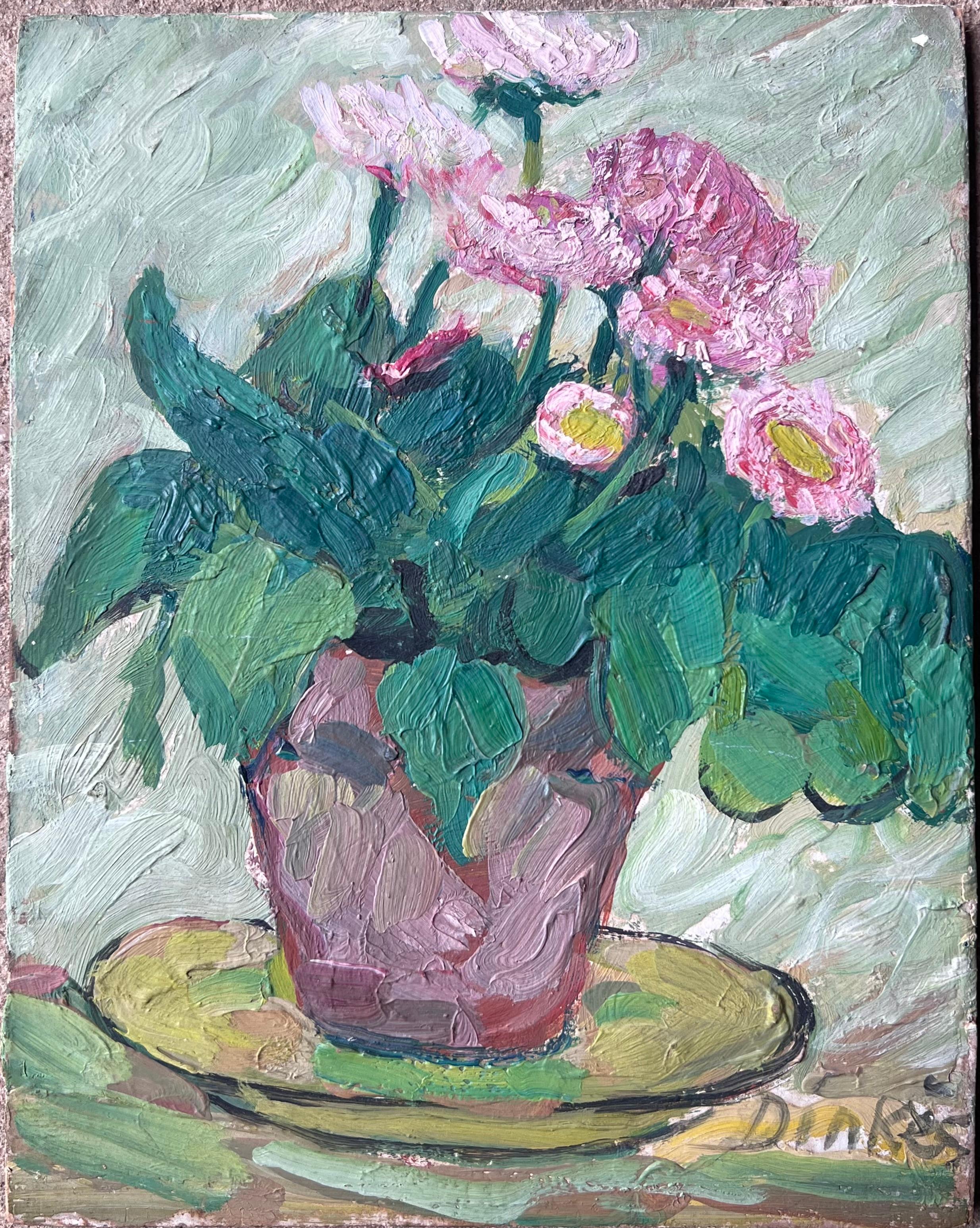 Peinture à l'huile impressionniste du milieu du siècle Pink Daises In Brown Plant Pot - Painting de Suzanne Dinkes