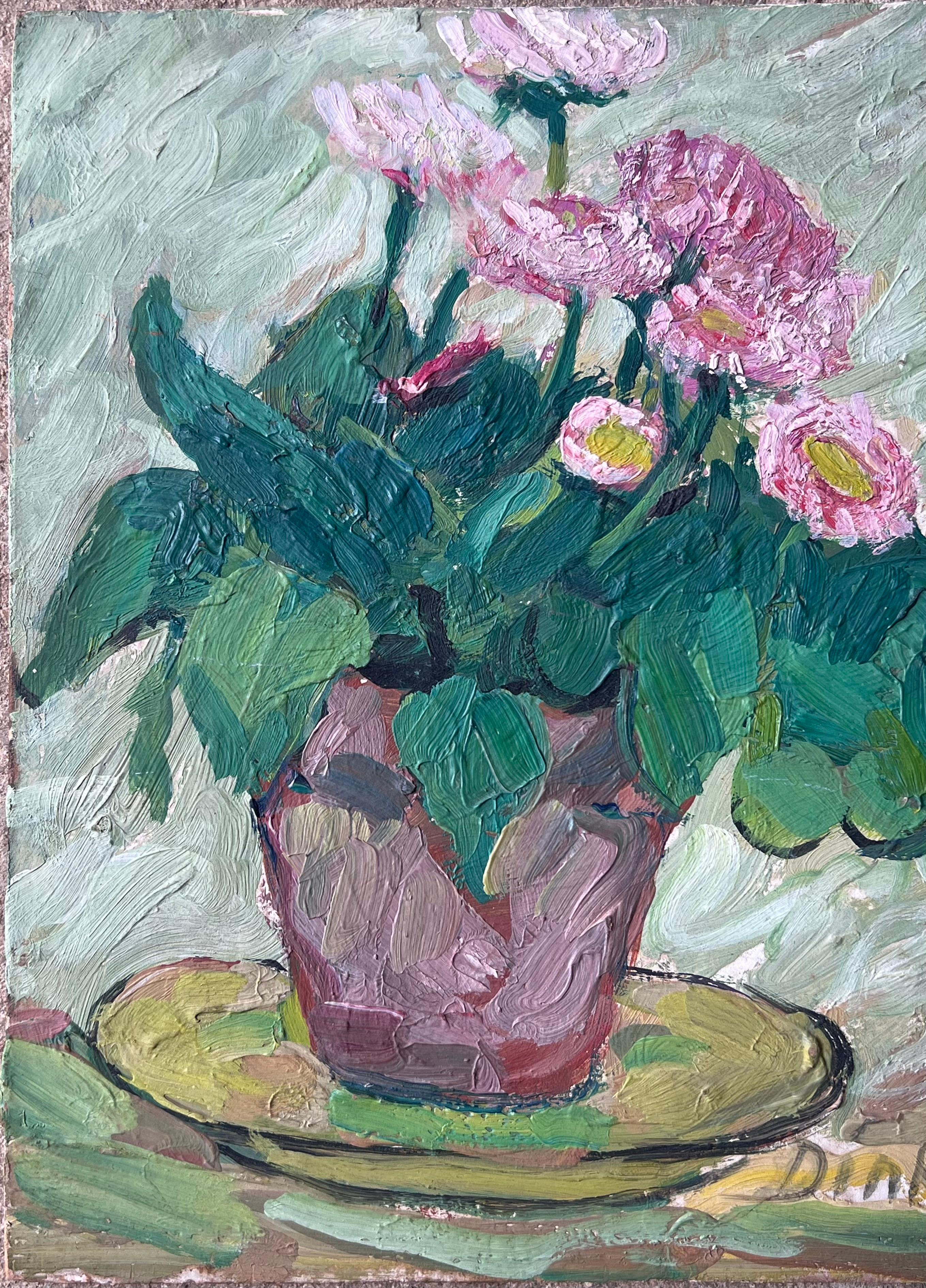 Peinture à l'huile impressionniste du milieu du siècle Pink Daises In Brown Plant Pot - Post-impressionnisme Painting par Suzanne Dinkes