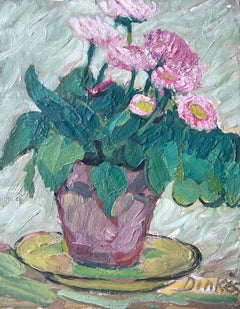 Quadro ad olio impressionista francese del metà secolo, margherite rosa in un vaso marrone
