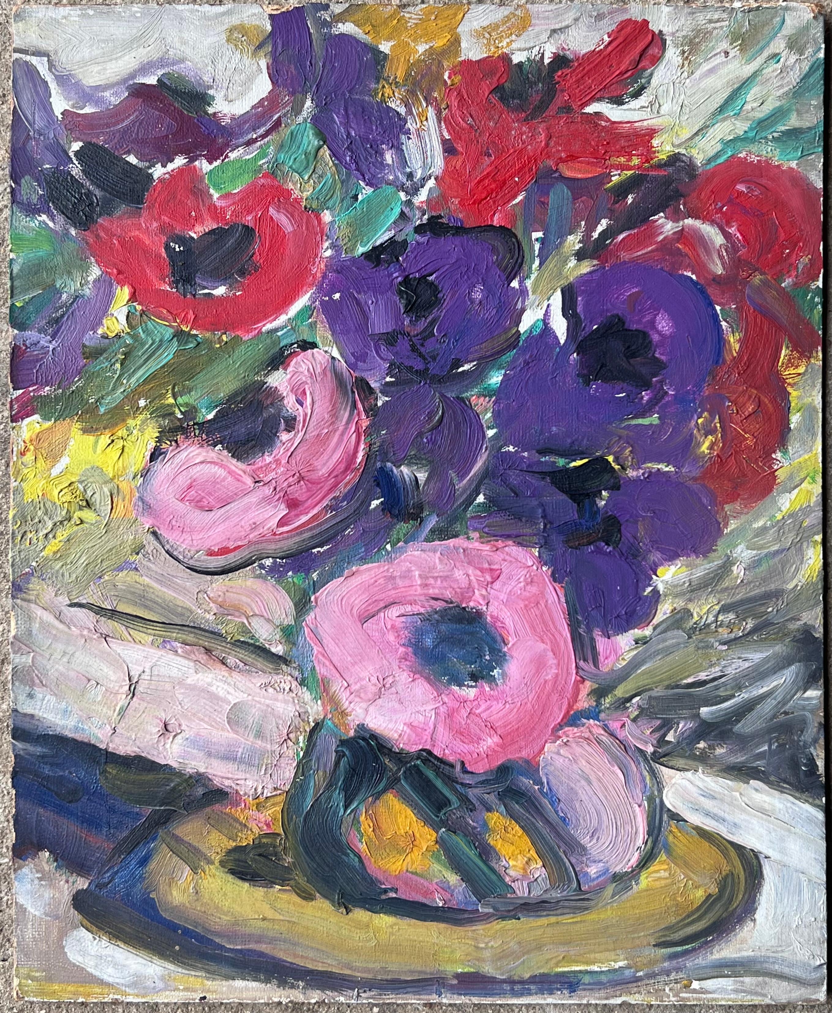 Mid Century Französisch Impressionist Ölgemälde Stillleben Helle Pfingstrosen In Vase – Painting von Suzanne Dinkes