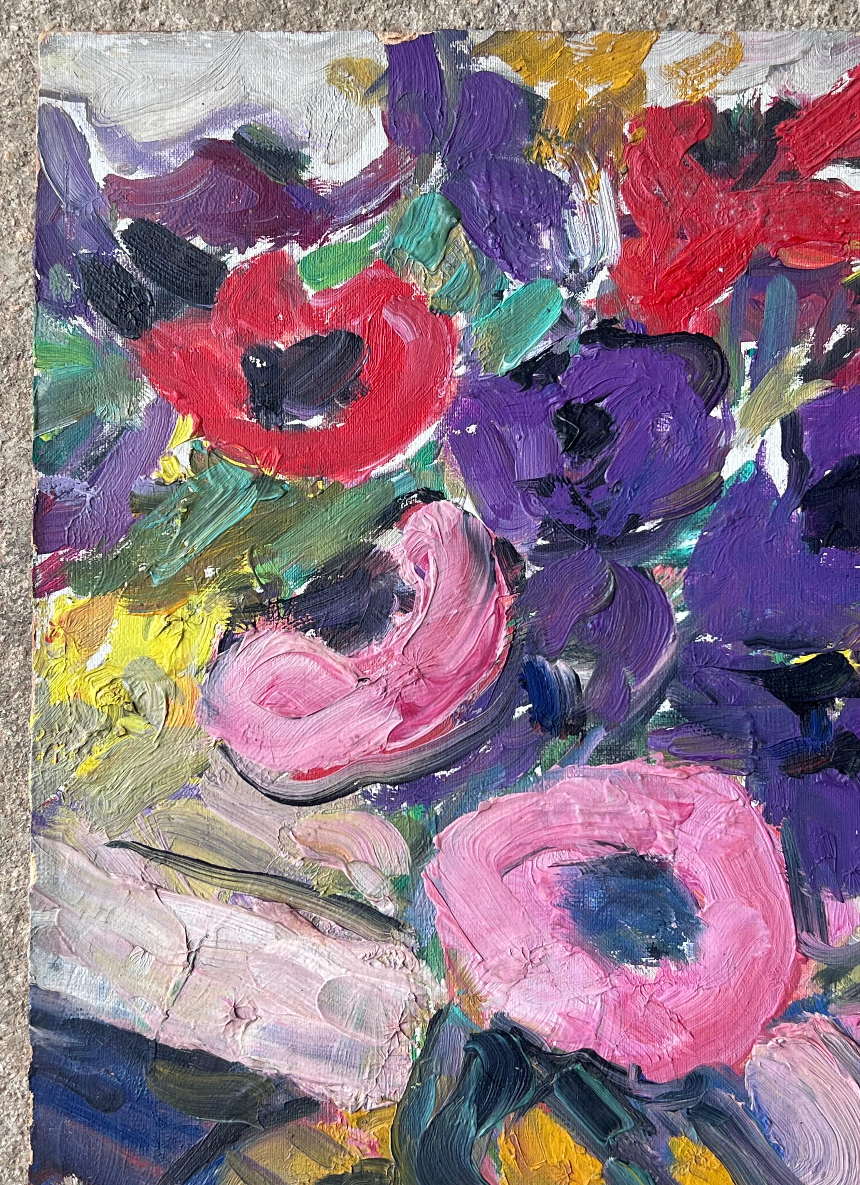 Mid Century Französisch Impressionist Ölgemälde Stillleben Helle Pfingstrosen In Vase (Post-Impressionismus), Painting, von Suzanne Dinkes