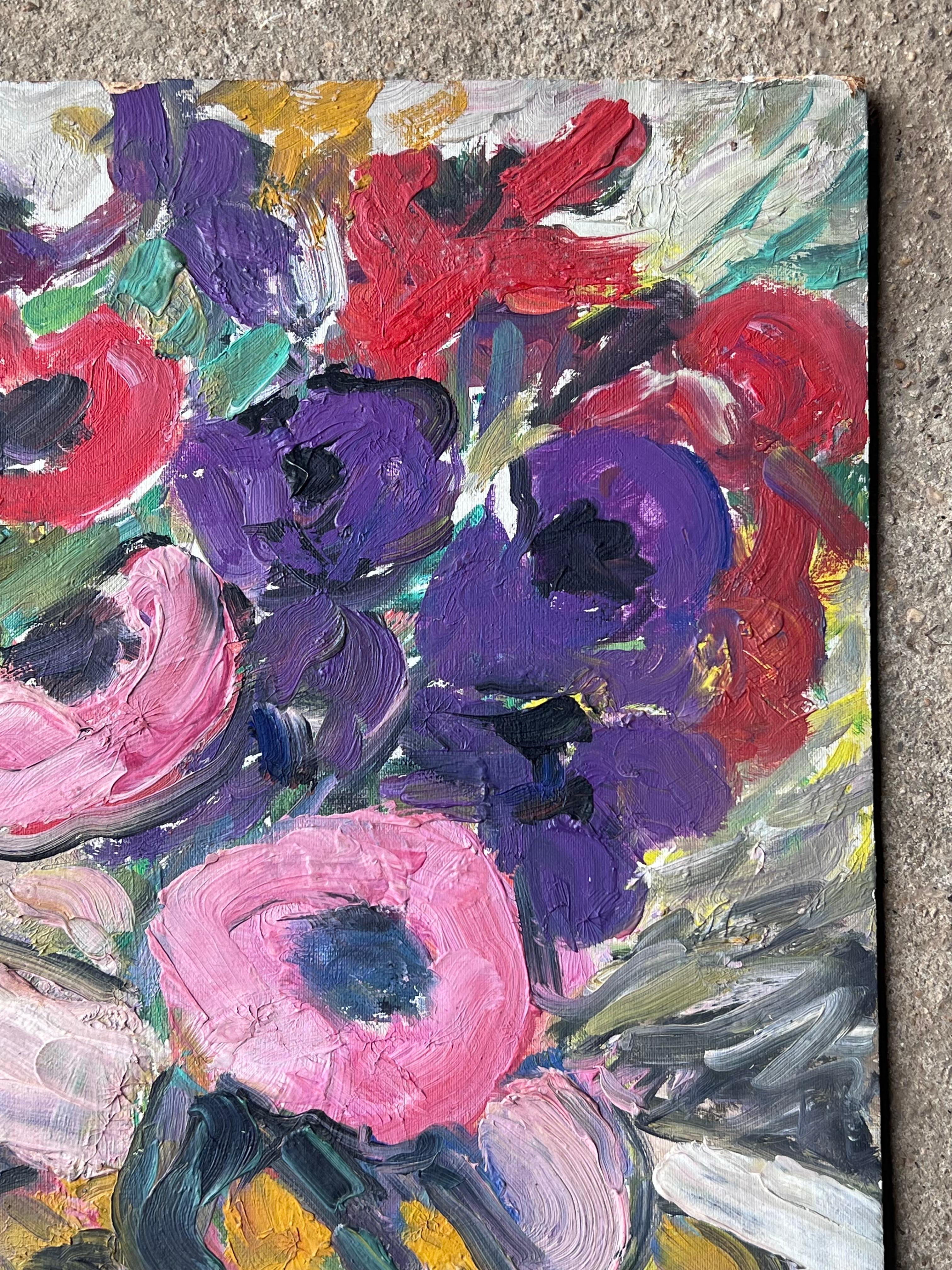 Mid Century Französisch Impressionist Ölgemälde Stillleben Helle Pfingstrosen In Vase im Angebot 1