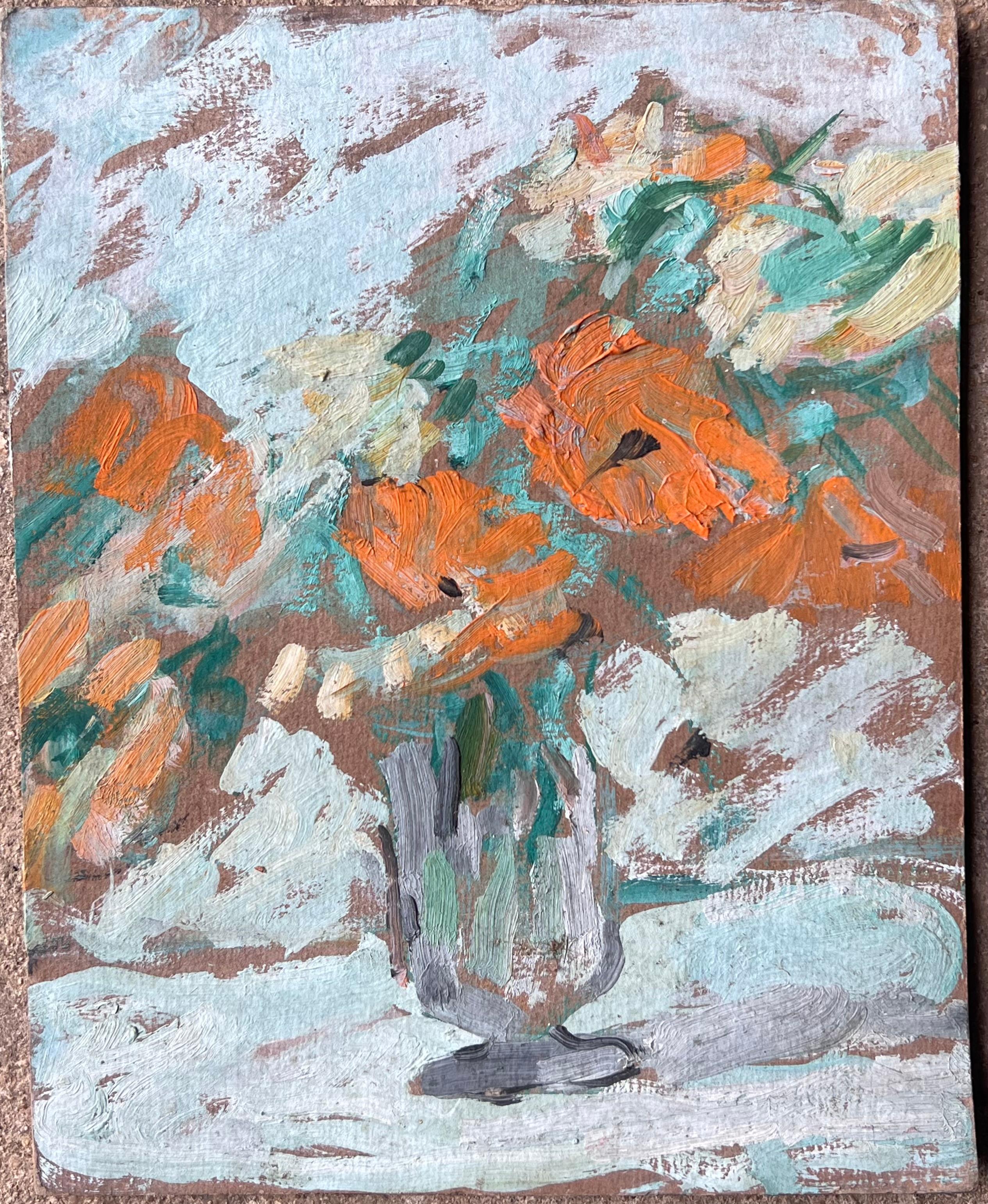 Peinture à l'huile impressionniste française du milieu du siècle Nature morte aux fleurs colorées - Painting de Suzanne Dinkes