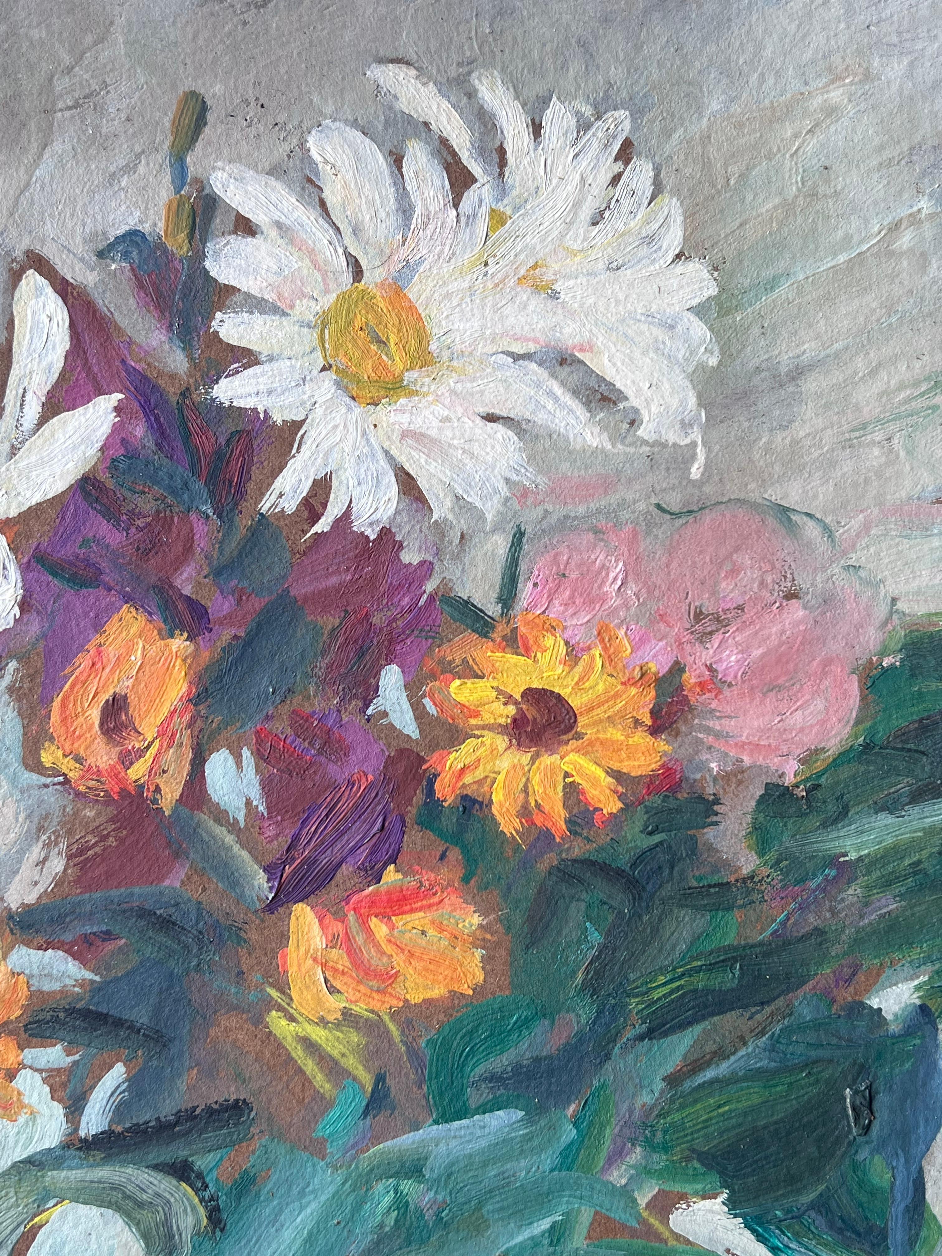 Peinture à l'huile impressionniste française du milieu du siècle Nature morte Jardin Fleurs sauvages - Gris Still-Life Painting par Suzanne Dinkes