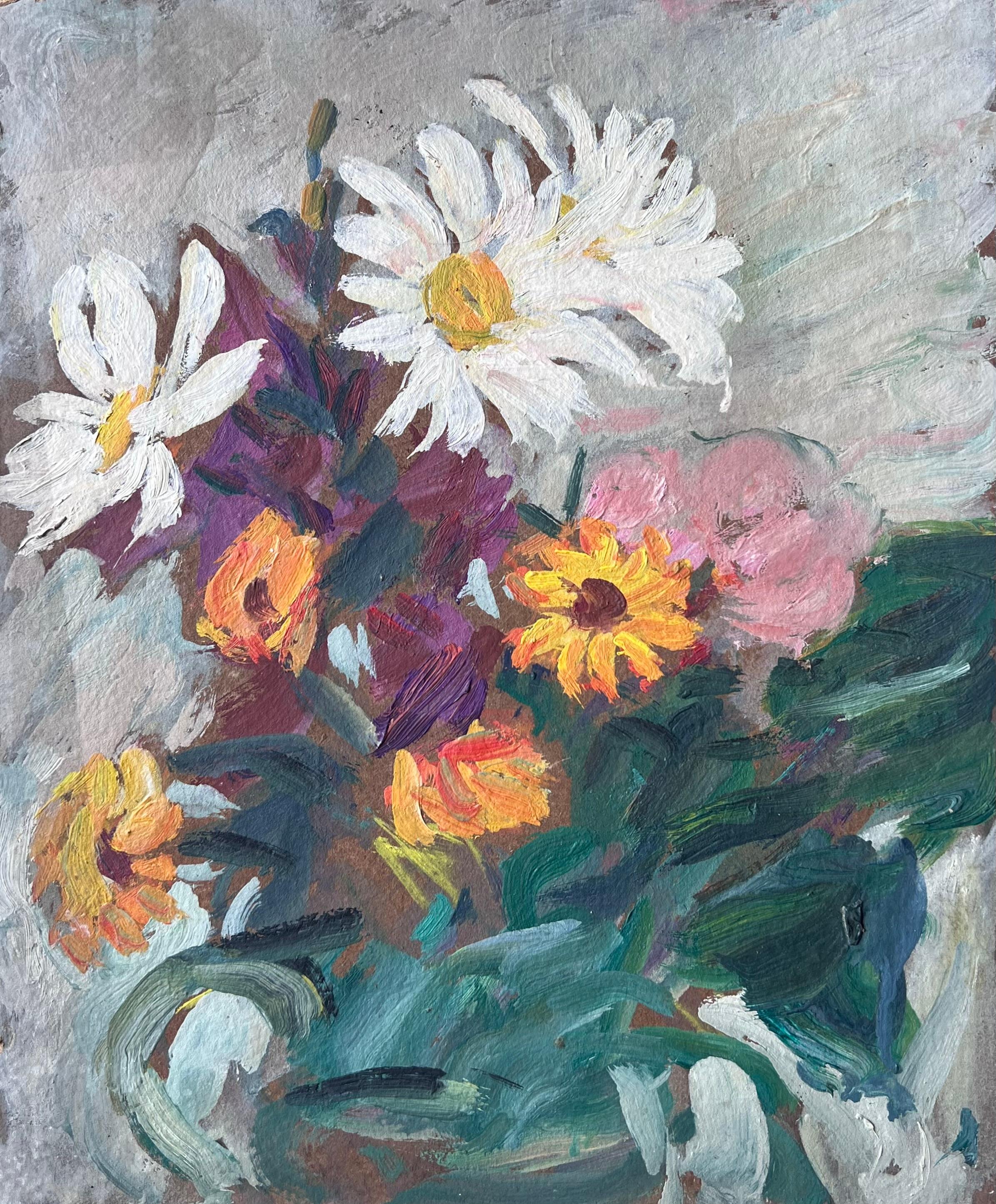 Peinture à l'huile impressionniste française du milieu du siècle Nature morte Jardin Fleurs sauvages