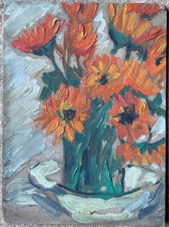 Mid Century French Impressionist Oil Painting Still Life Orange Sunflowers