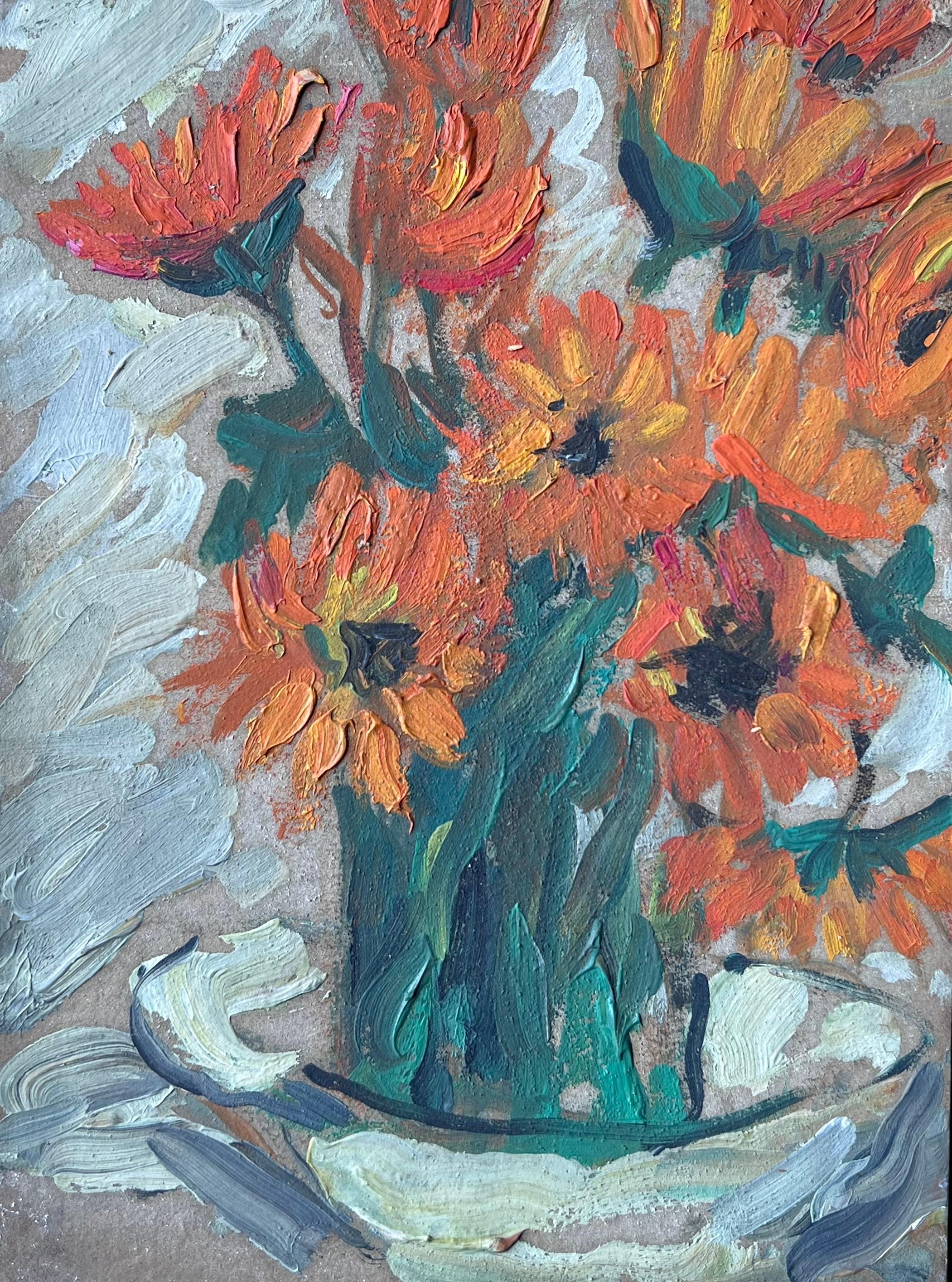 Mid Century Französisch Impressionist Ölgemälde Stillleben Orange Sonnenblumen