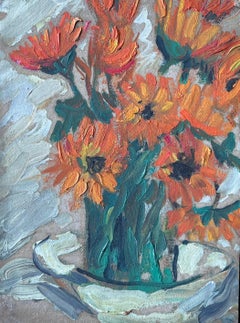 Mid Century French Impressionist Oil Painting Still Life Orange Sunflowers