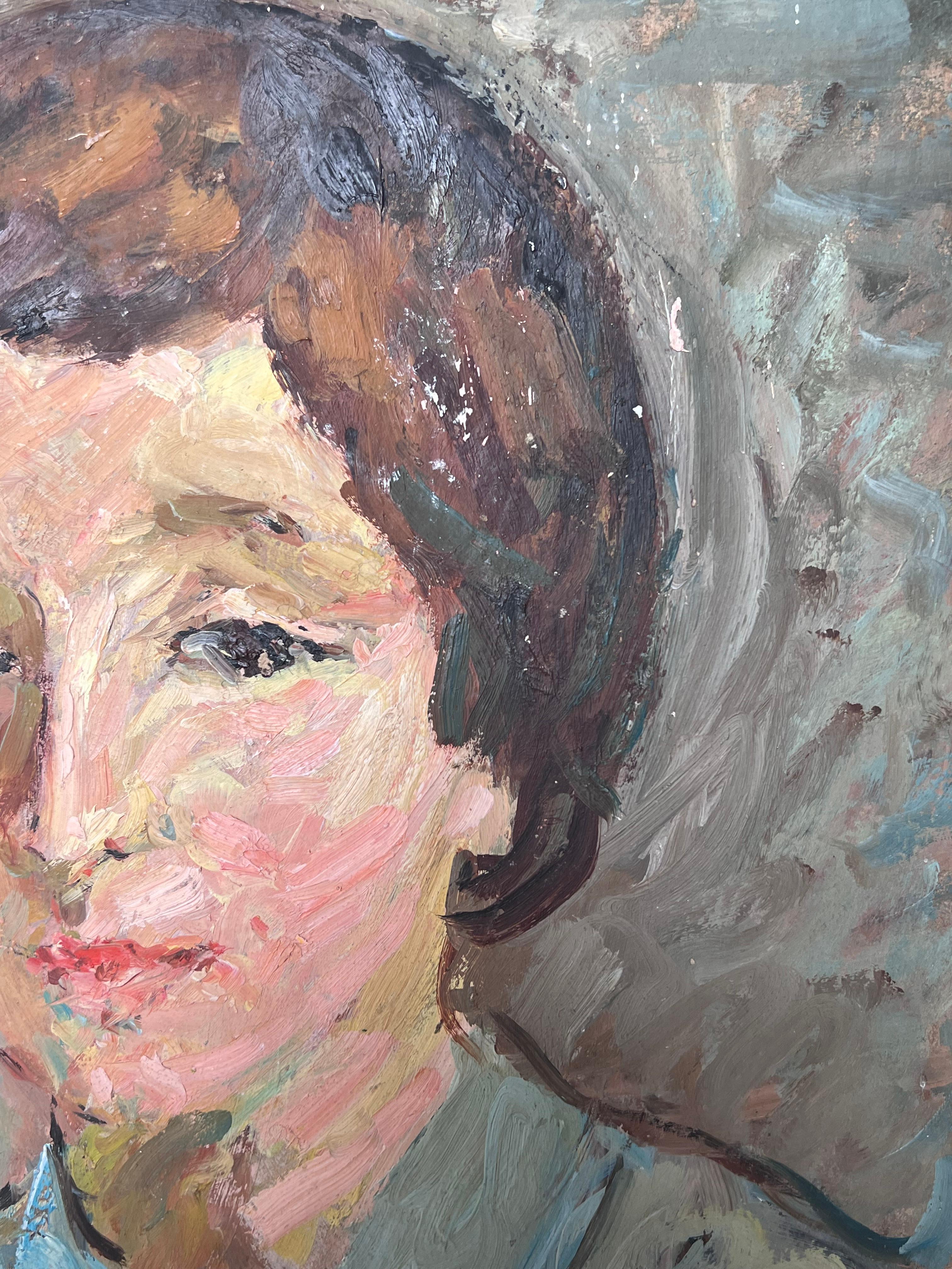 Retrato al óleo impresionista francés de mediados de siglo de una mujer de estilo vintage - Figurative Painting Gris de Suzanne Dinkes
