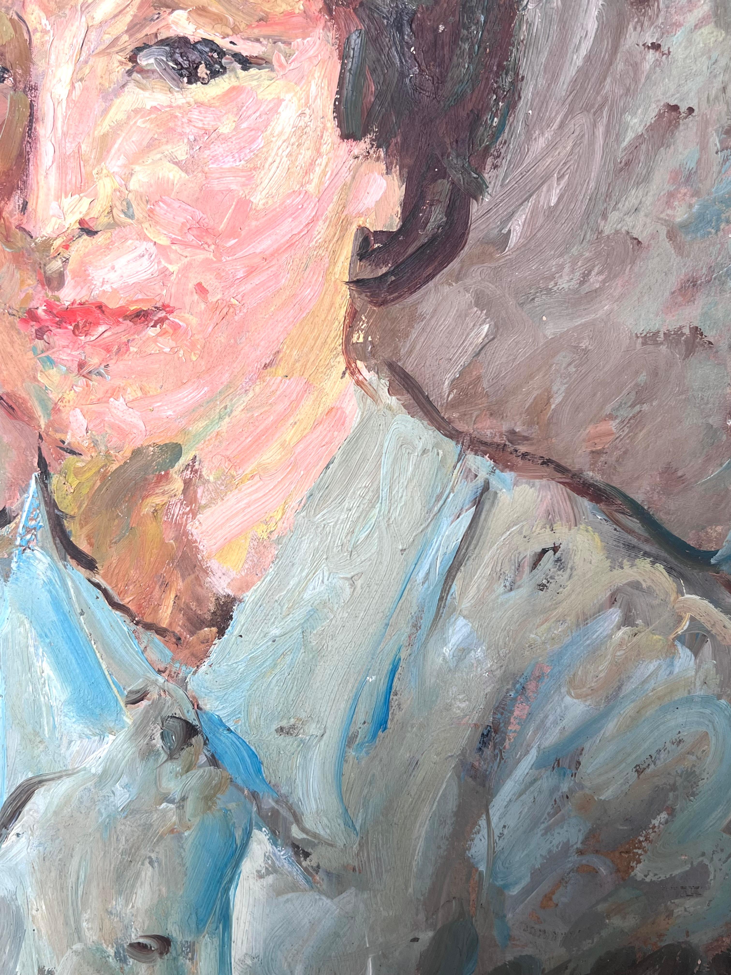Retrato al óleo impresionista francés de mediados de siglo de una mujer de estilo vintage en venta 1