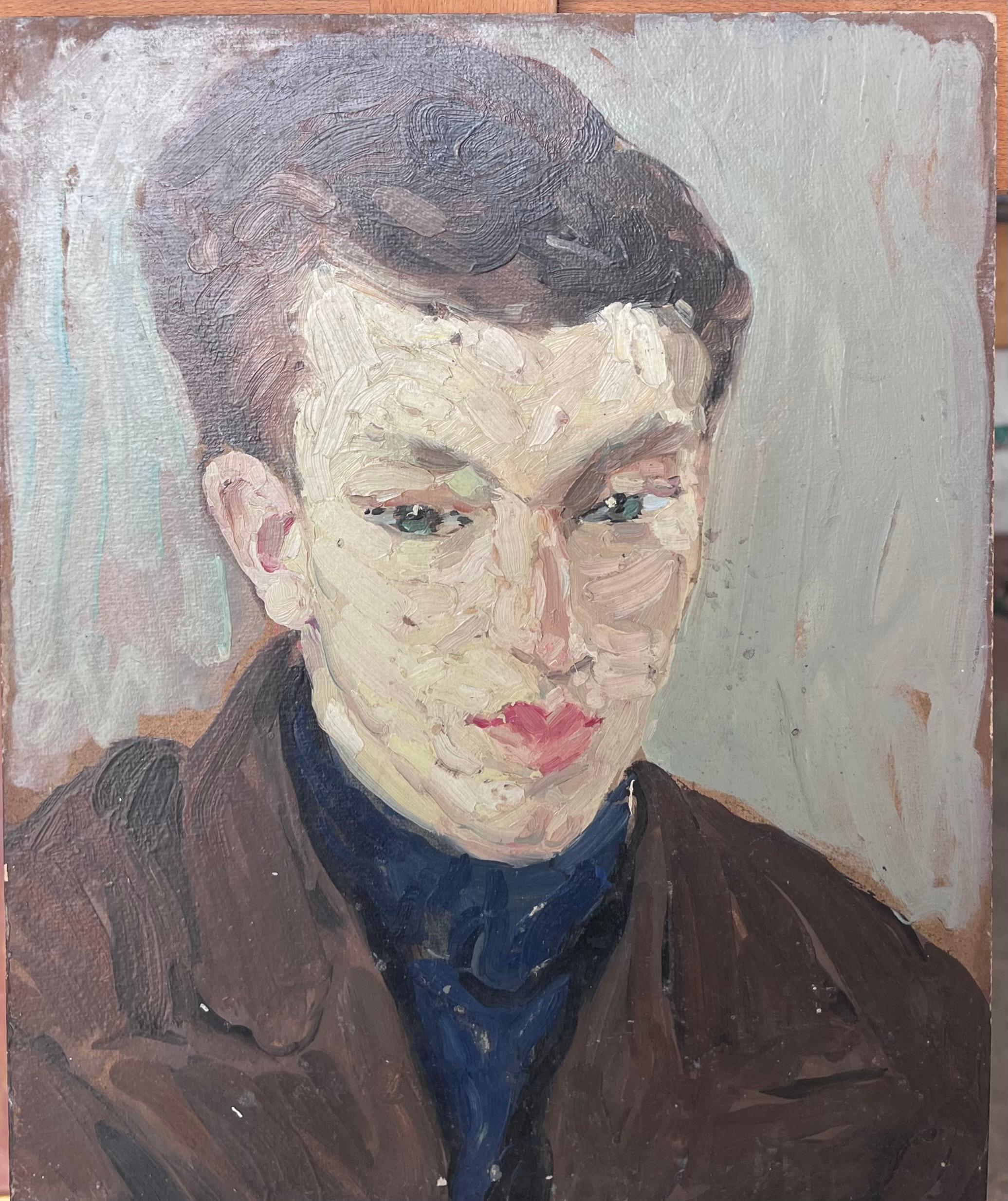 Ritratto ad olio impressionista francese di metà secolo di una figura in stile moda vintage - Painting di Suzanne Dinkes
