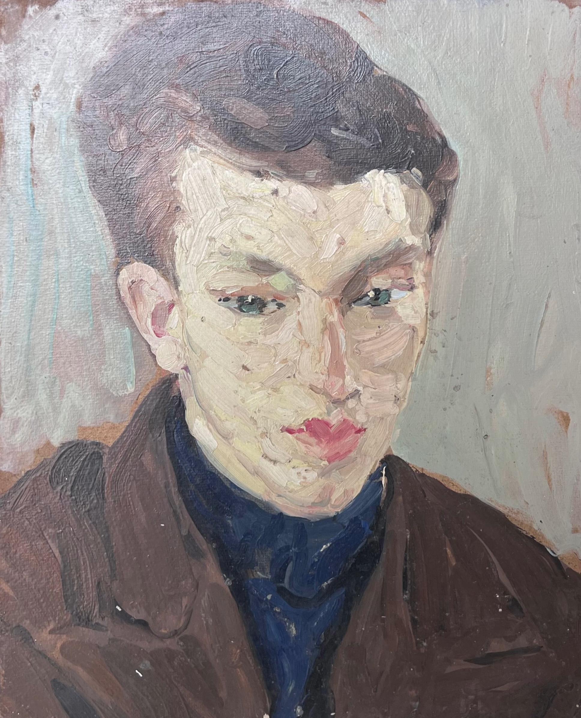 Huile impressionniste française du milieu du siècle, portrait d'une figure de mode vintage