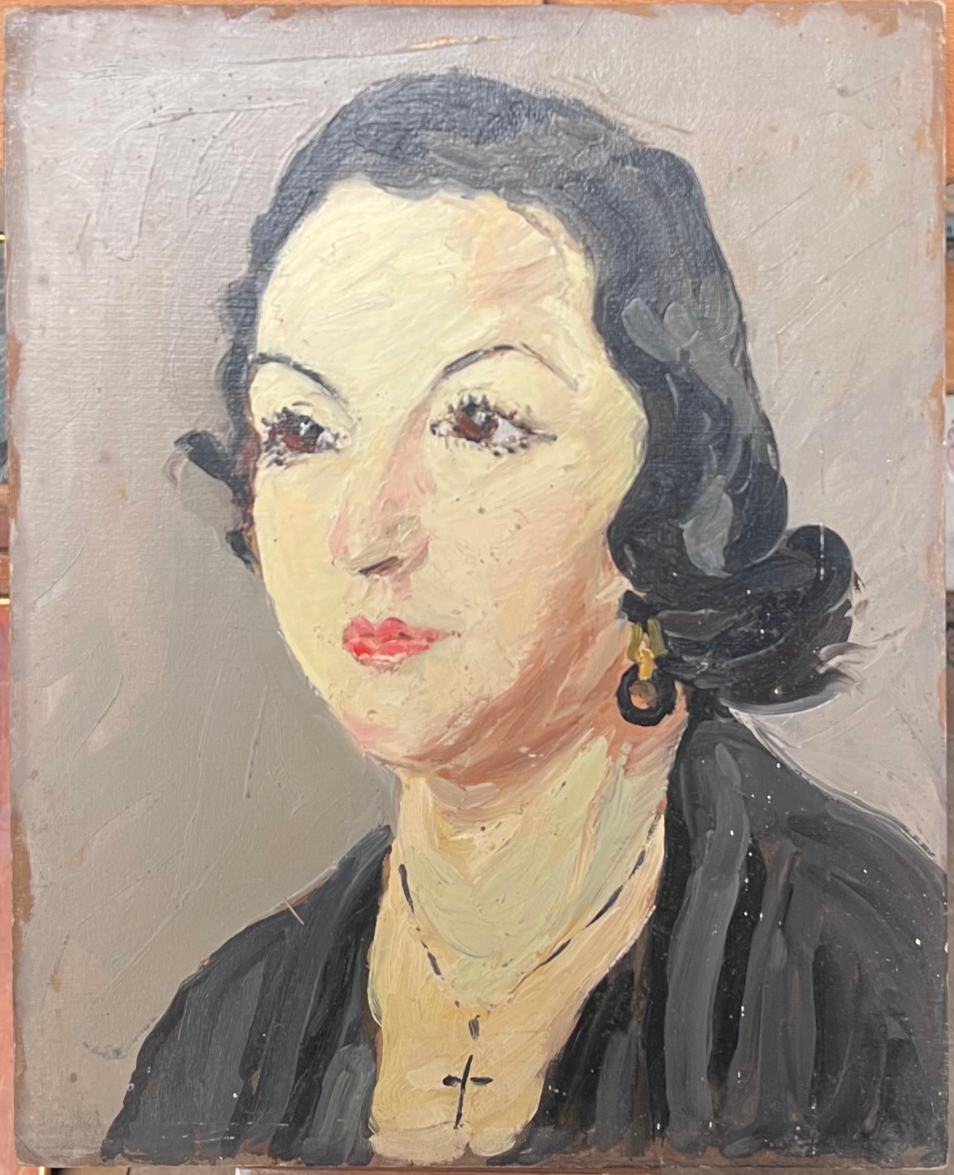 Mid Century Französisch Impressionist Öl Porträt der Frau dunkles Haar – Painting von Suzanne Dinkes