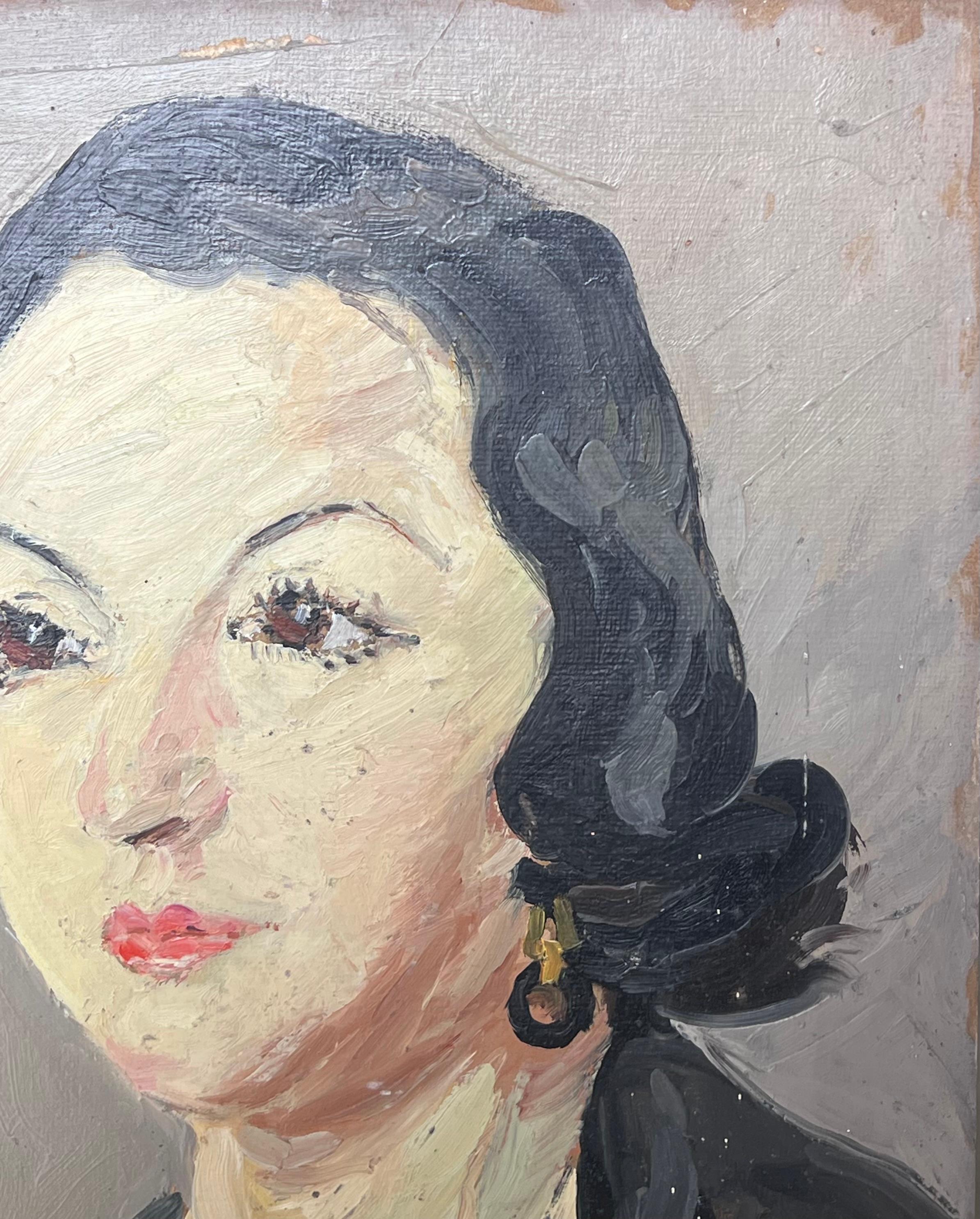 Mid Century Französisch Impressionist Öl Porträt der Frau dunkles Haar (Post-Impressionismus), Painting, von Suzanne Dinkes