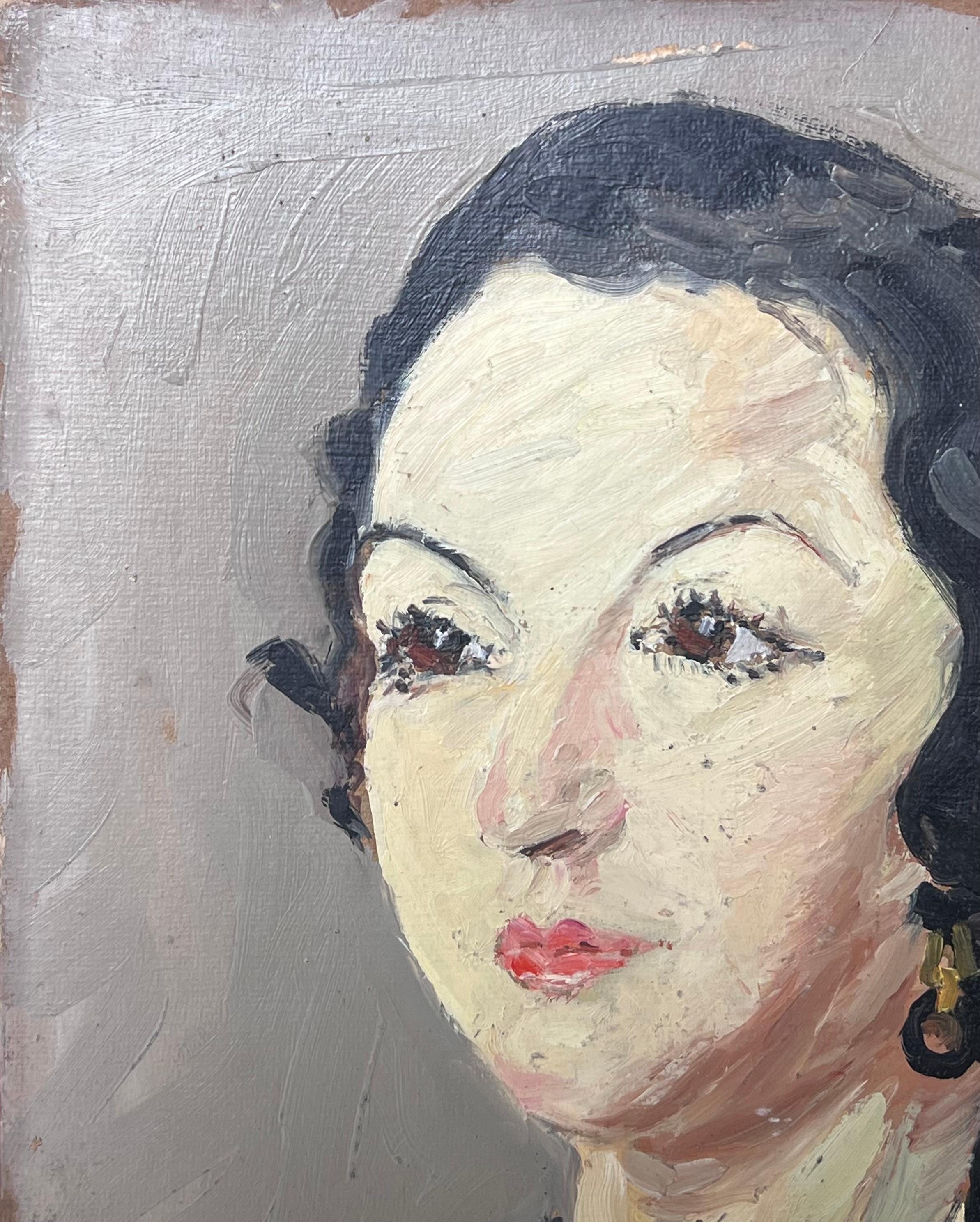 Mid Century Französisch Impressionist Öl Porträt der Frau dunkles Haar (Beige), Figurative Painting, von Suzanne Dinkes