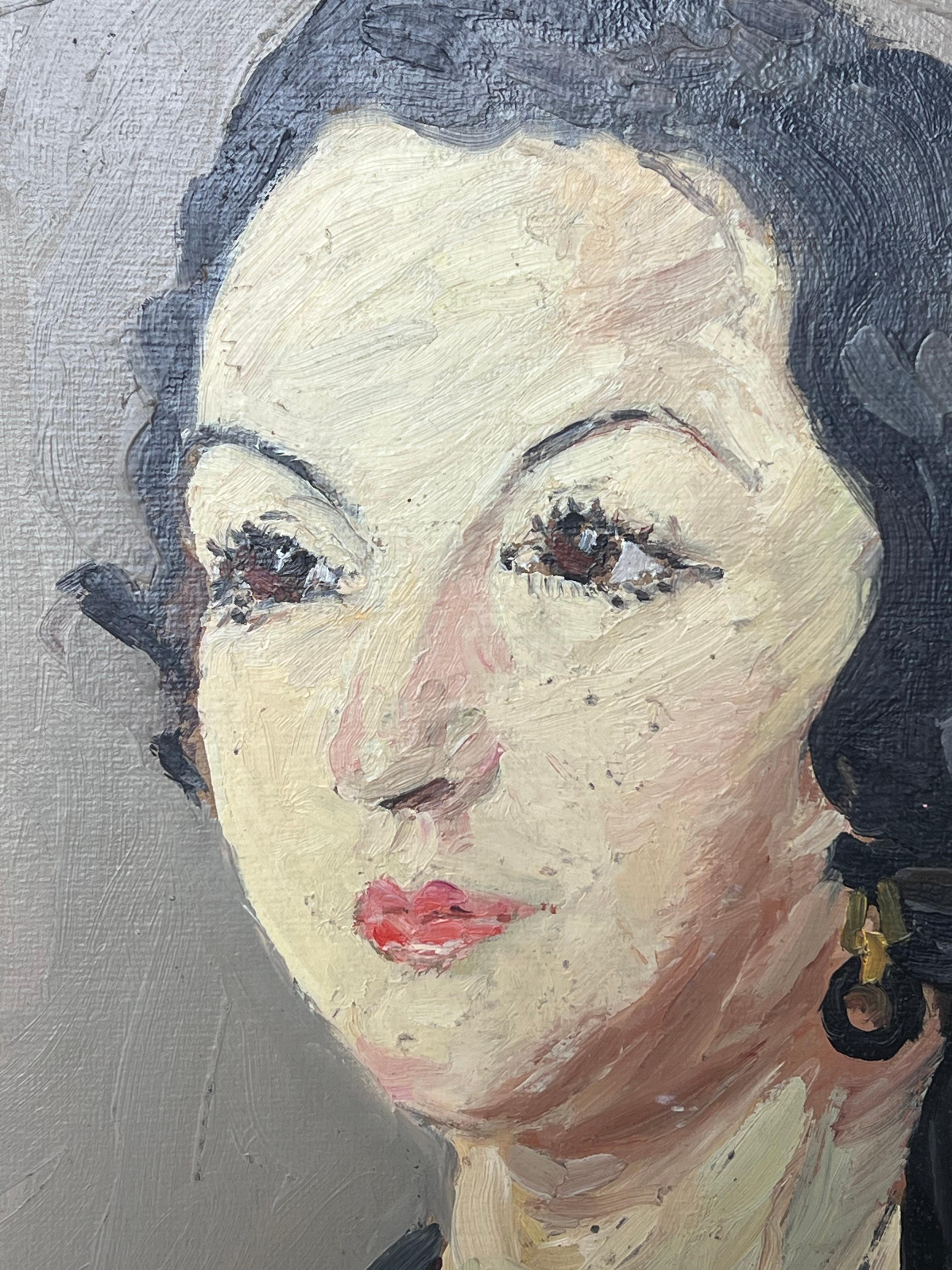 Mid Century Französisch Impressionist Öl Porträt der Frau dunkles Haar im Angebot 1