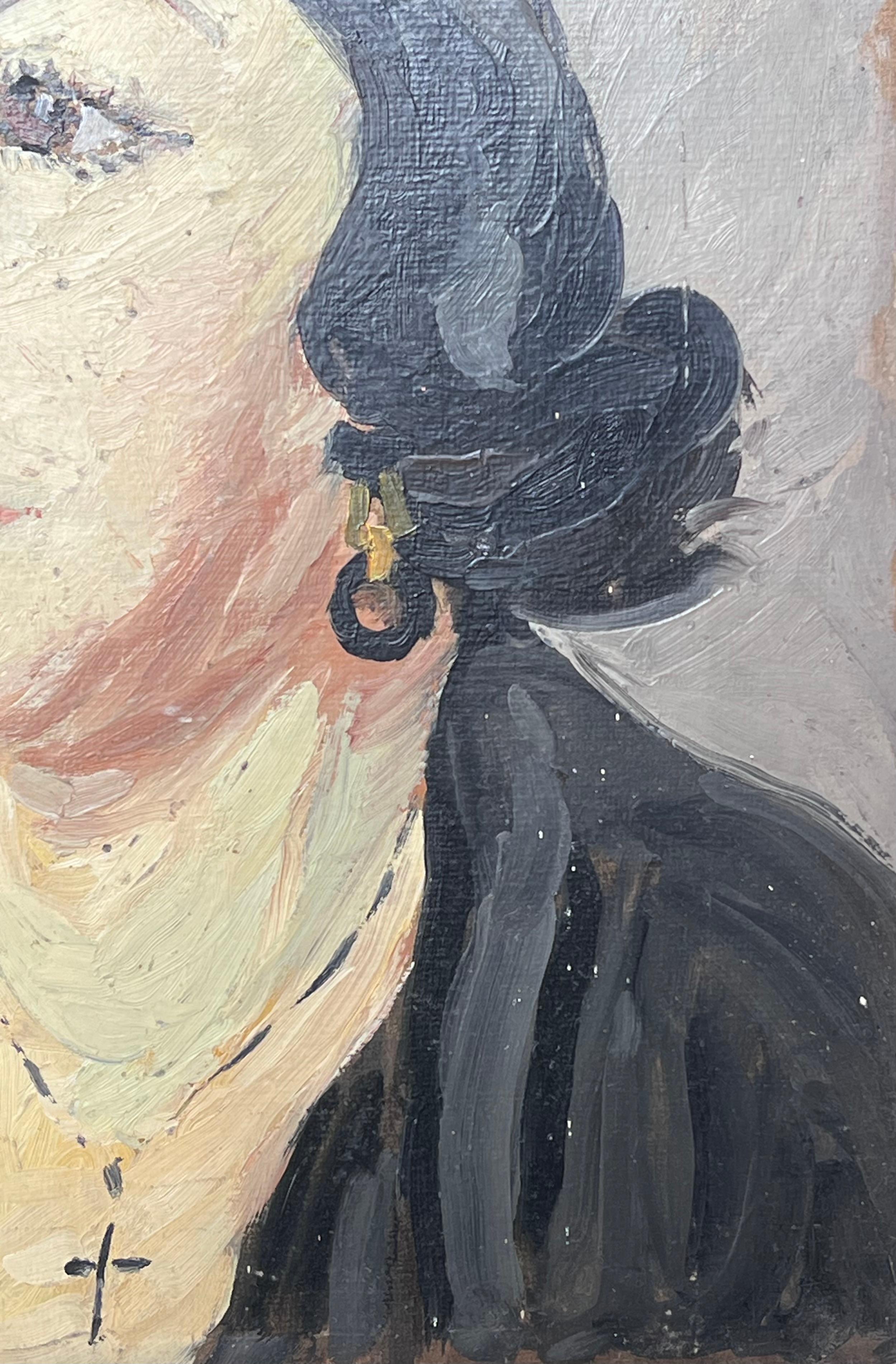 Mid Century Französisch Impressionist Öl Porträt der Frau dunkles Haar im Angebot 2