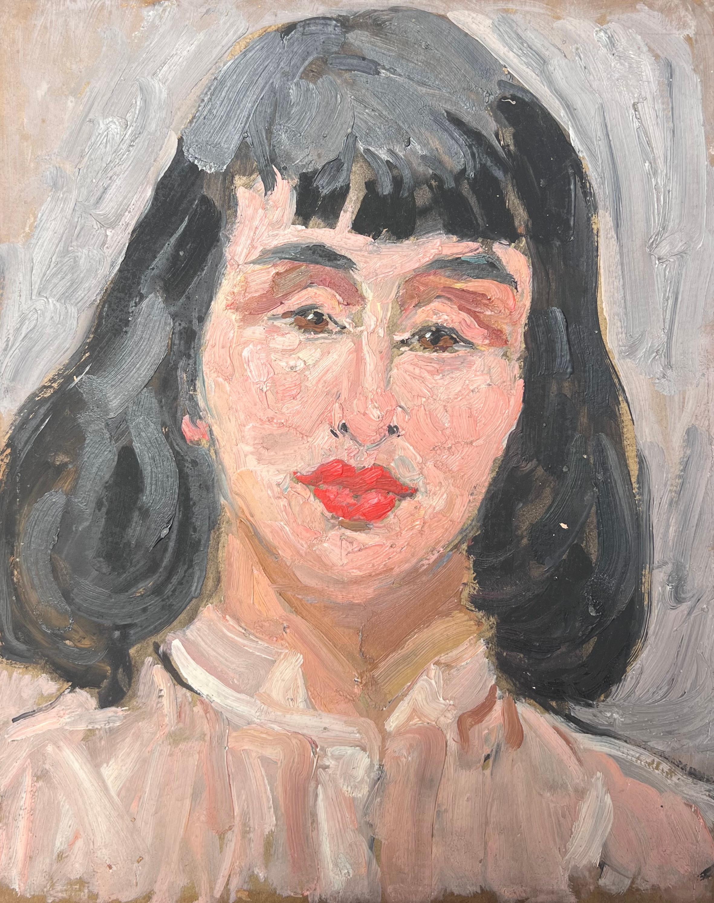 Mid Century Französisch Impressionist Öl Porträt der Frau dunkles Haar im Angebot 3