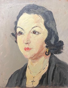 Mid Century French Impressionist Oil Portrait of Woman Dark Hair