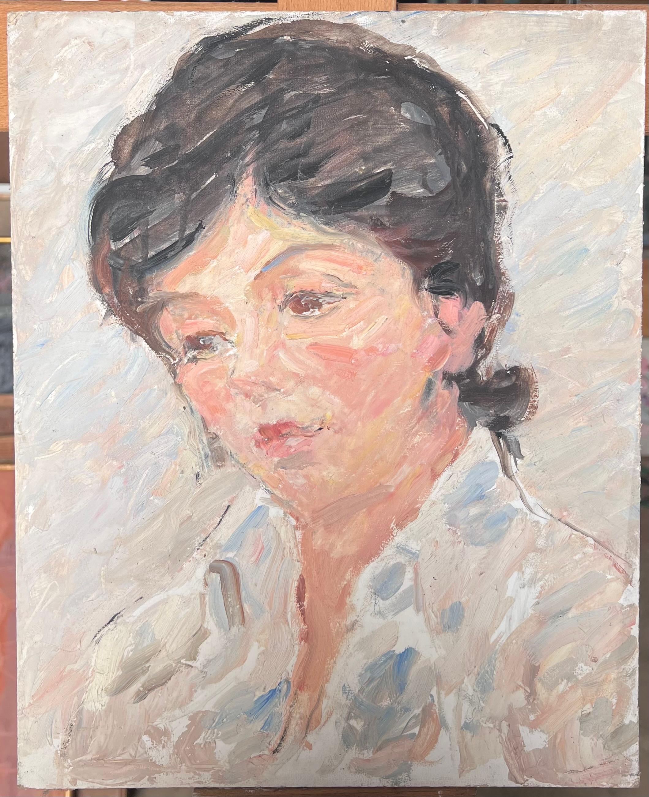 Huile impressionniste française du milieu du siècle, portrait de femme, chemisier blanc Whiting - Painting de Suzanne Dinkes