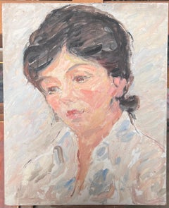 Mid Century French Impressionist Oil Portrait of Woman White Blouse Shirt