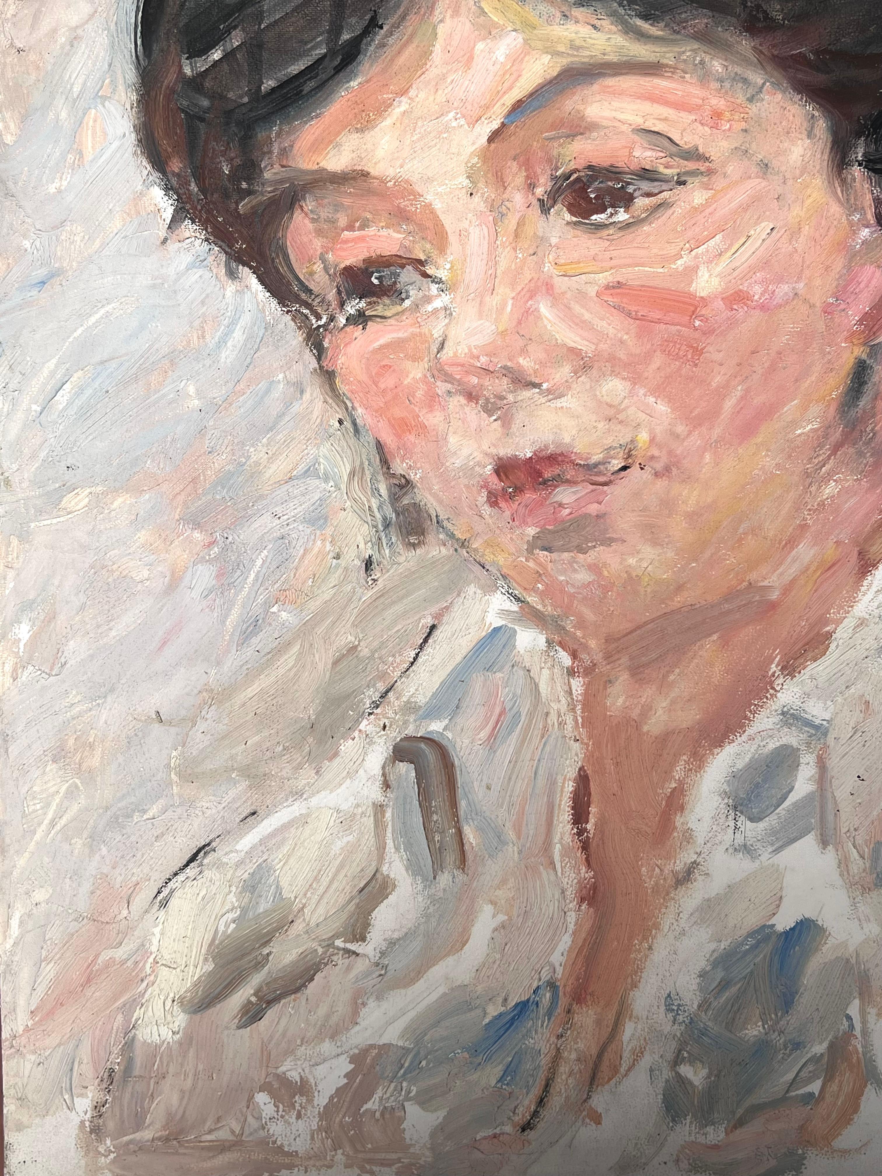Huile impressionniste française du milieu du siècle, portrait de femme, chemisier blanc Whiting en vente 1
