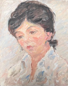 Mid Century French Impressionist Oil Portrait of Woman White Blouse Shirt