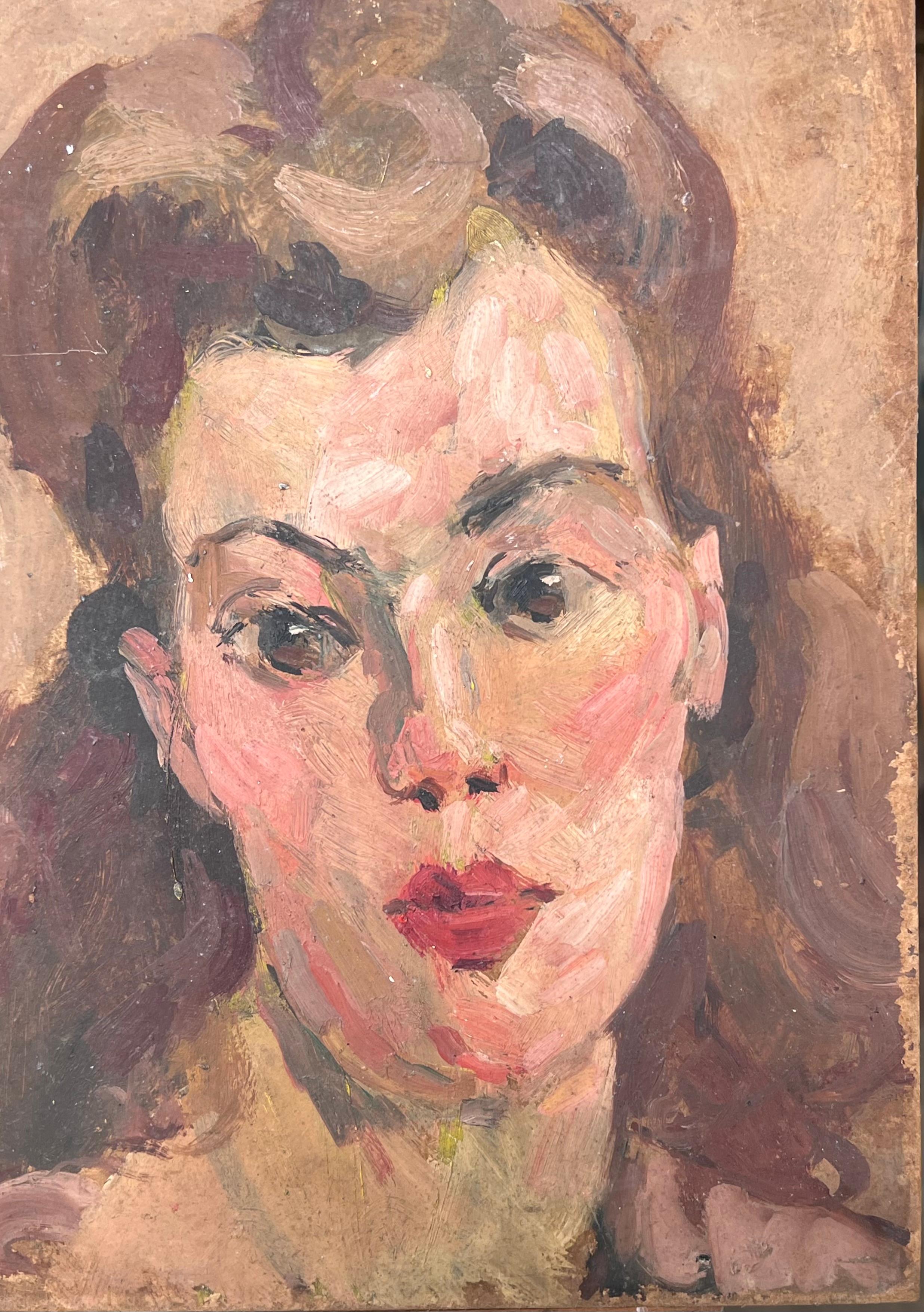 Mid Century Französisch Impressionist Öl Porträt der jungen Frau Haar zurückgebunden – Painting von Suzanne Dinkes