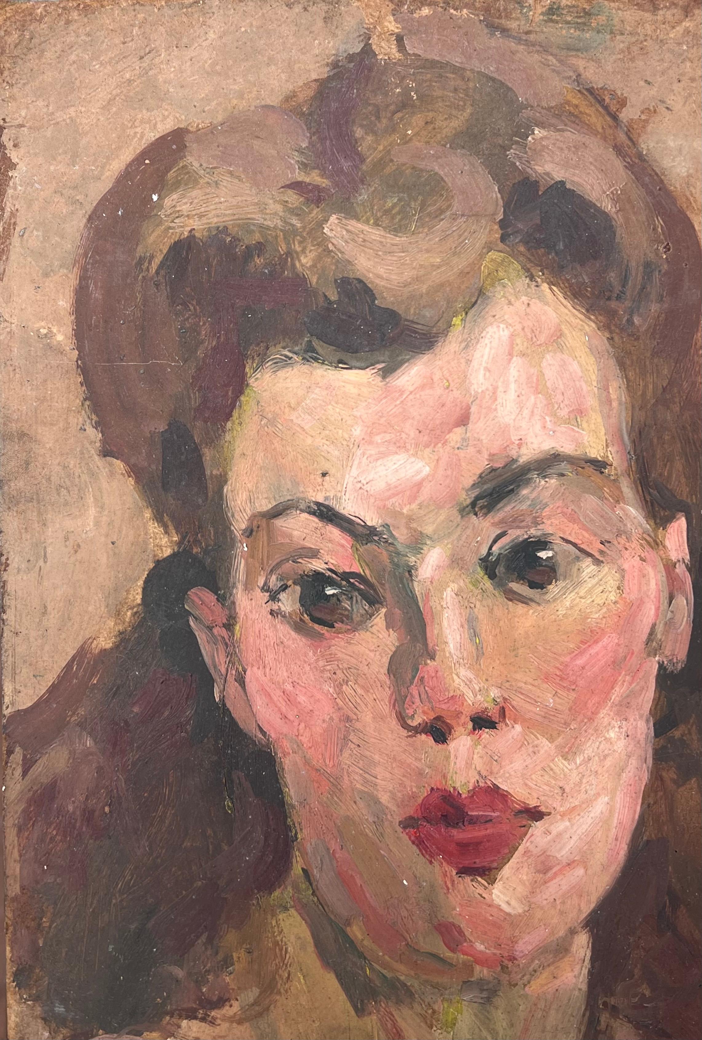 Mid Century Französisch Impressionist Öl Porträt der jungen Frau Haar zurückgebunden (Post-Impressionismus), Painting, von Suzanne Dinkes