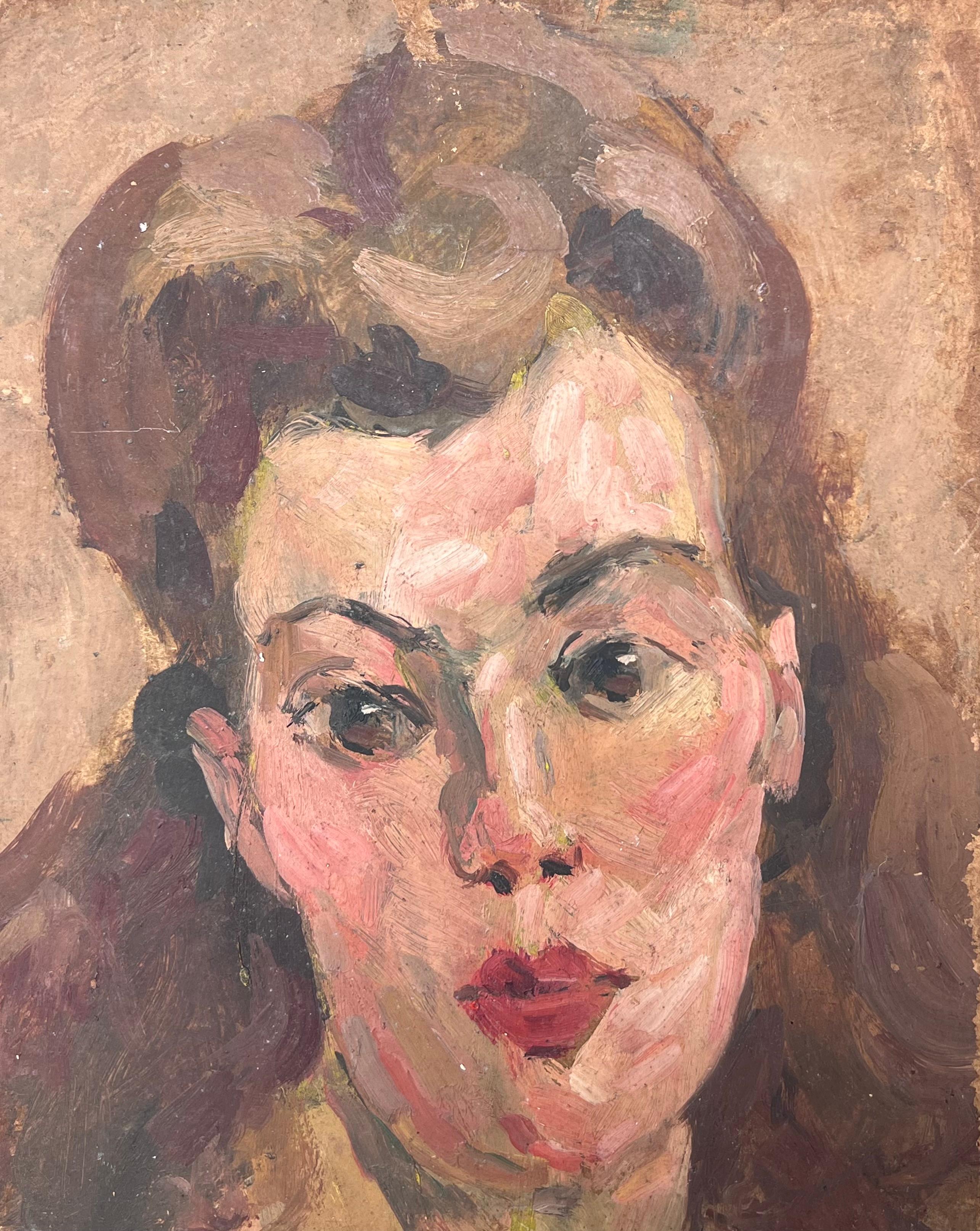 Mid Century Französisch Impressionist Öl Porträt der jungen Frau Haar zurückgebunden (Braun), Figurative Painting, von Suzanne Dinkes