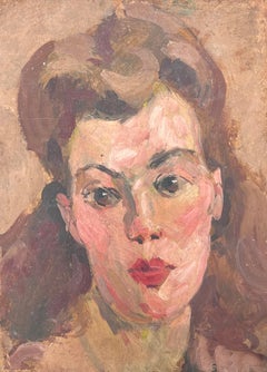 Mid Century French Impressionist Oil Portrait of Young Woman Hair Tied Back