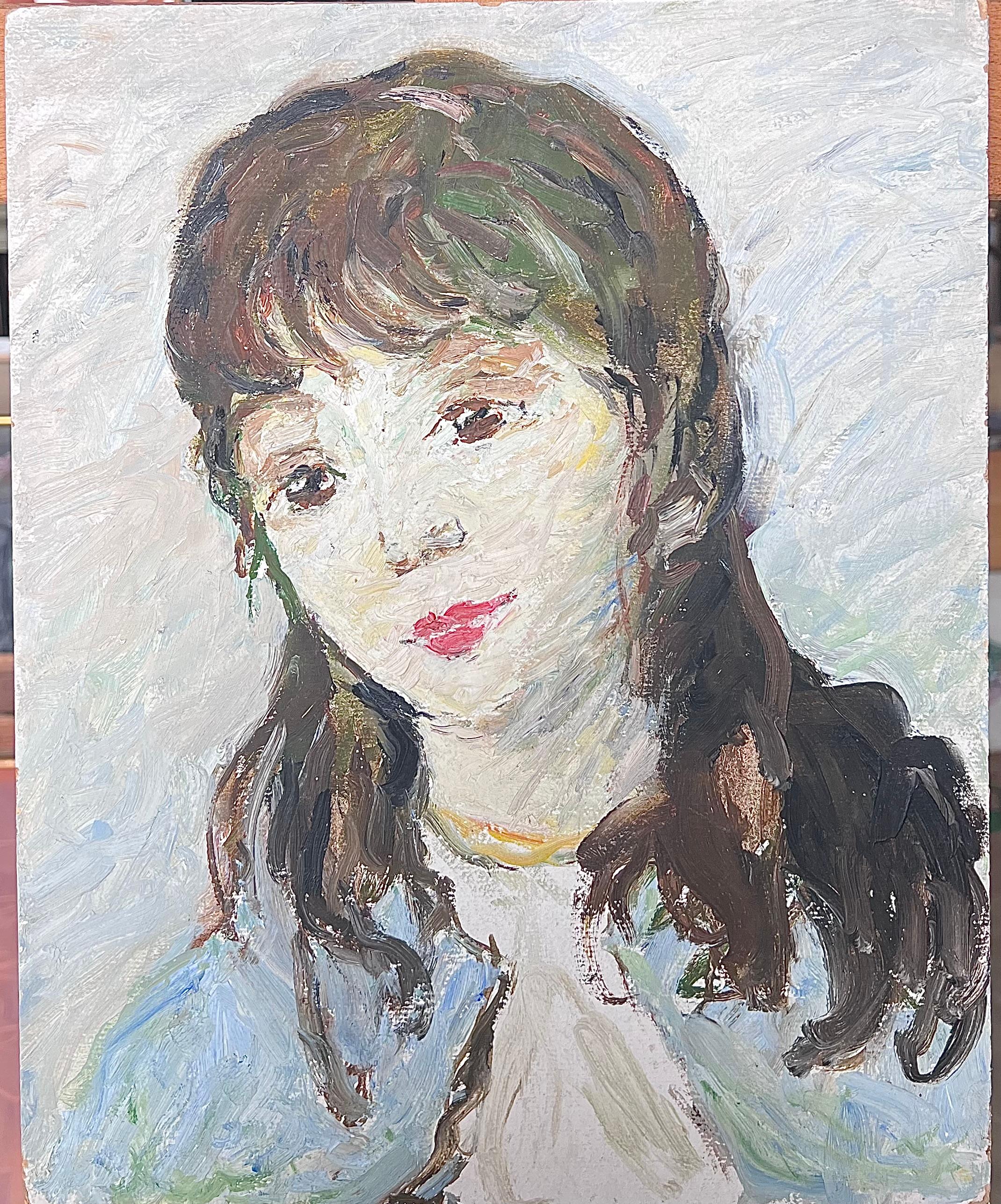 Óleo Impresionista Francés de Mediados de Siglo Retrato Vintage de Mujer Joven en Azul - Painting de Suzanne Dinkes