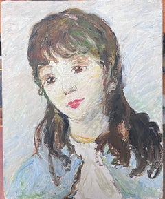 Mid Century French Impressionist Oil Vintage Portrait of Young Woman in Blue