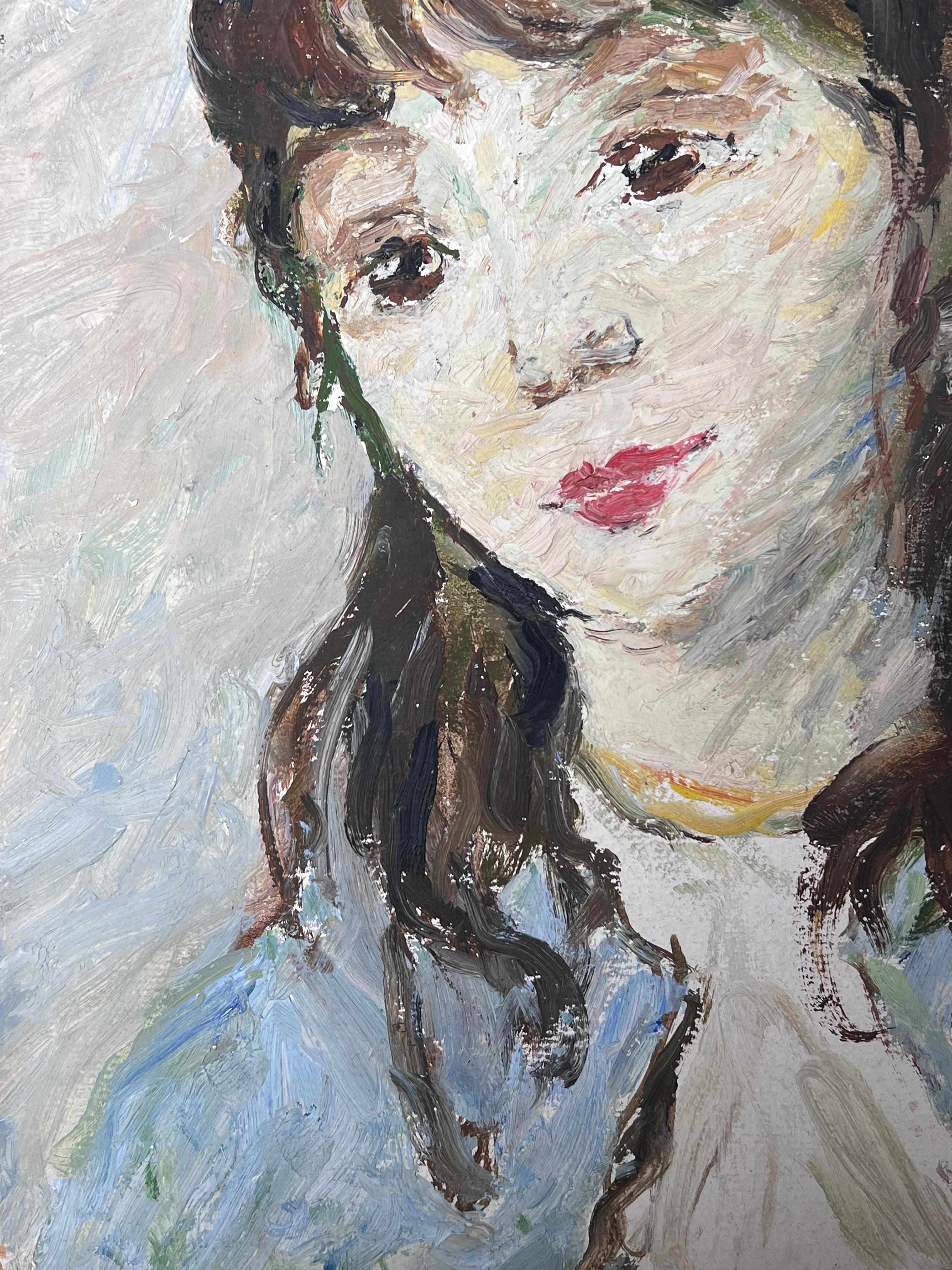 Óleo Impresionista Francés de Mediados de Siglo Retrato Vintage de Mujer Joven en Azul - Painting Posimpresionista de Suzanne Dinkes