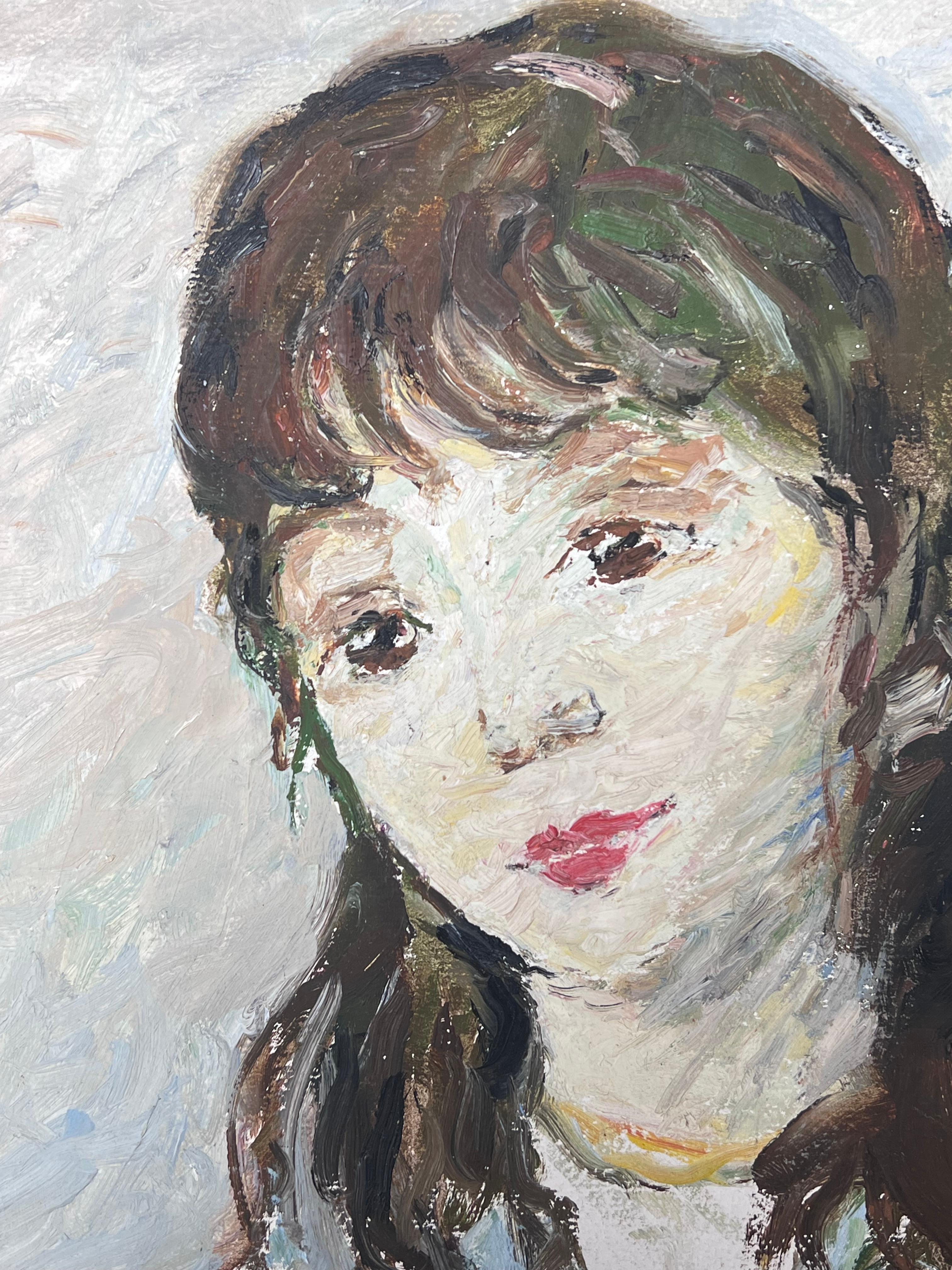 Óleo Impresionista Francés de Mediados de Siglo Retrato Vintage de Mujer Joven en Azul - Portrait Painting Gris de Suzanne Dinkes