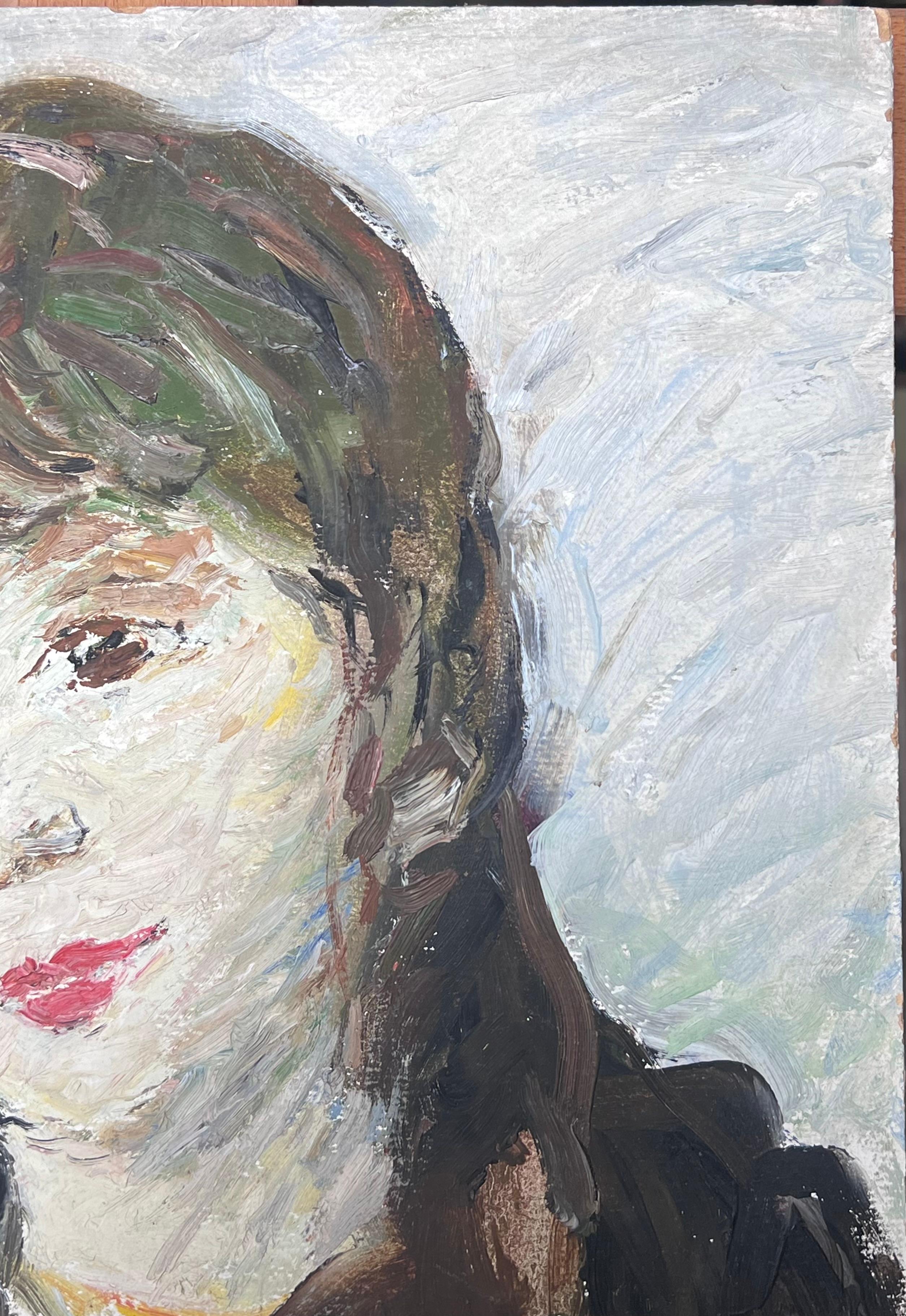 Óleo Impresionista Francés de Mediados de Siglo Retrato Vintage de Mujer Joven en Azul en venta 1