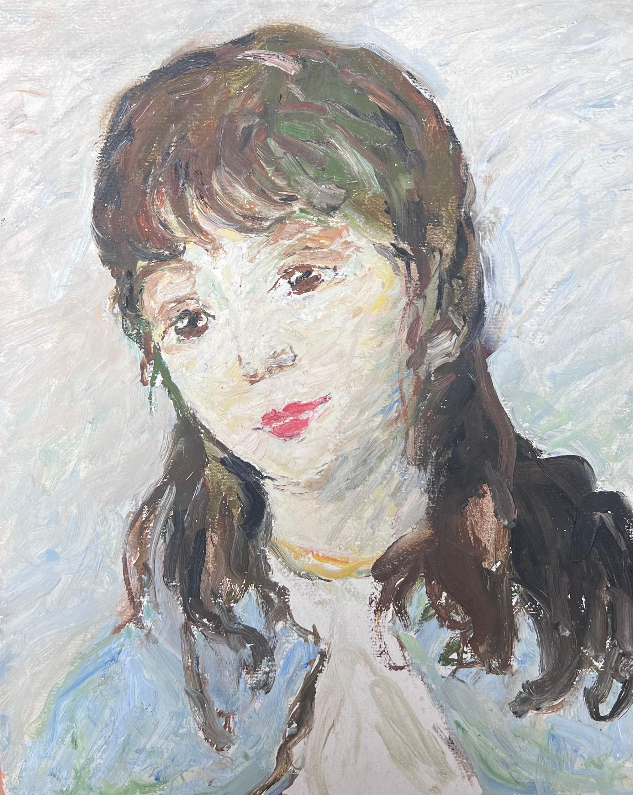 Óleo Impresionista Francés de Mediados de Siglo Retrato Vintage de Mujer Joven en Azul en venta 2