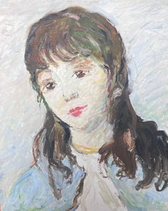 Mid Century French Impressionist Oil Vintage Portrait of Young Woman in Blue