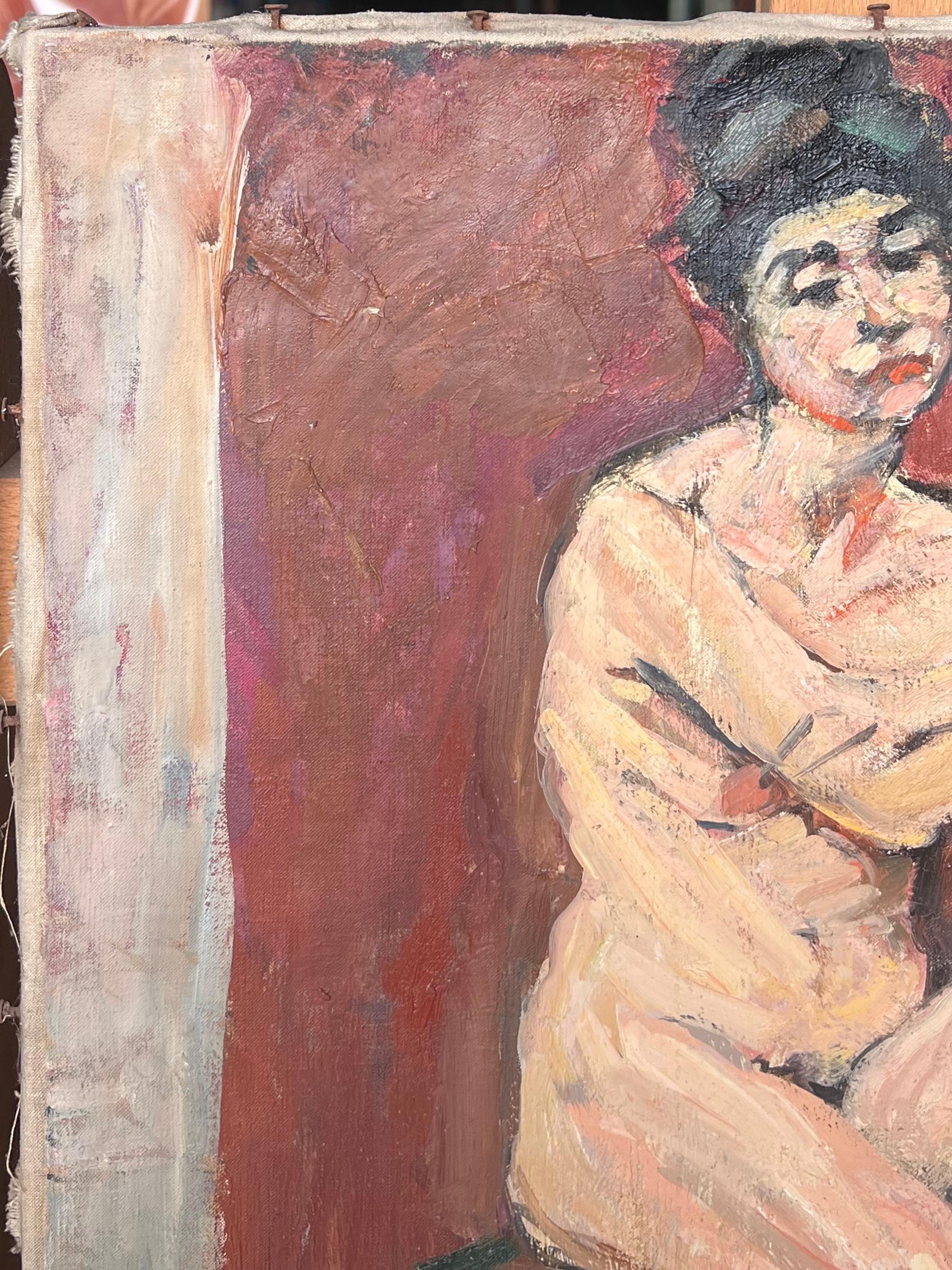 Französisches impressionistisches Gemälde aus der Mitte des Jahrhunderts (Braun), Nude Painting, von Suzanne Dinkes
