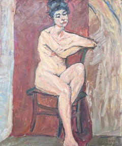 Mid Century Impressionist Painting Nude Lady Posed On Chair In Red Interior