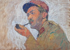 Portrait of the Artist & His Pipe Mid Century French Impressionist Painting