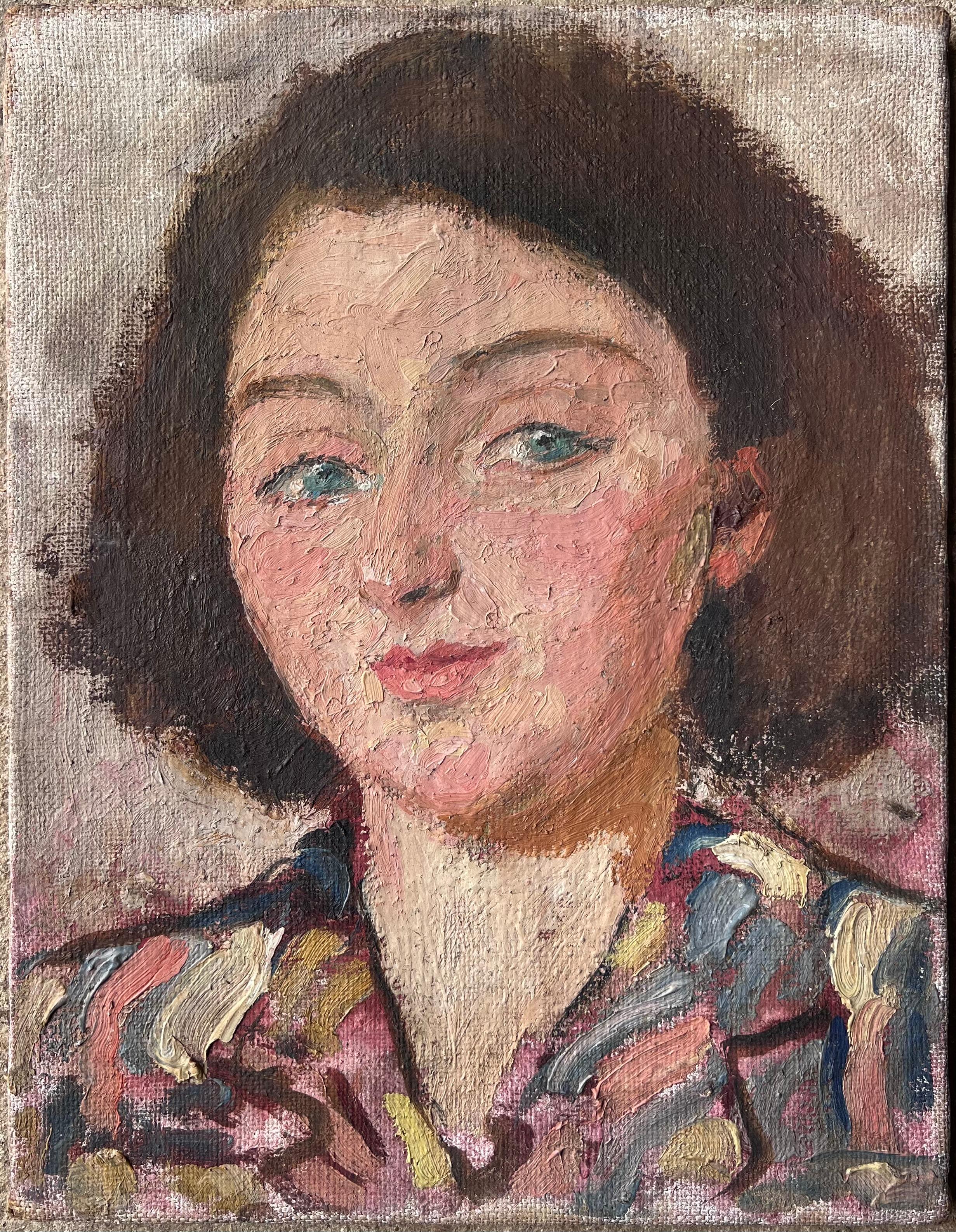 Mid Century Französisch Impressionist Gemälde Green Eyed Chic Brunette Porträt – Painting von Suzanne Dinkes