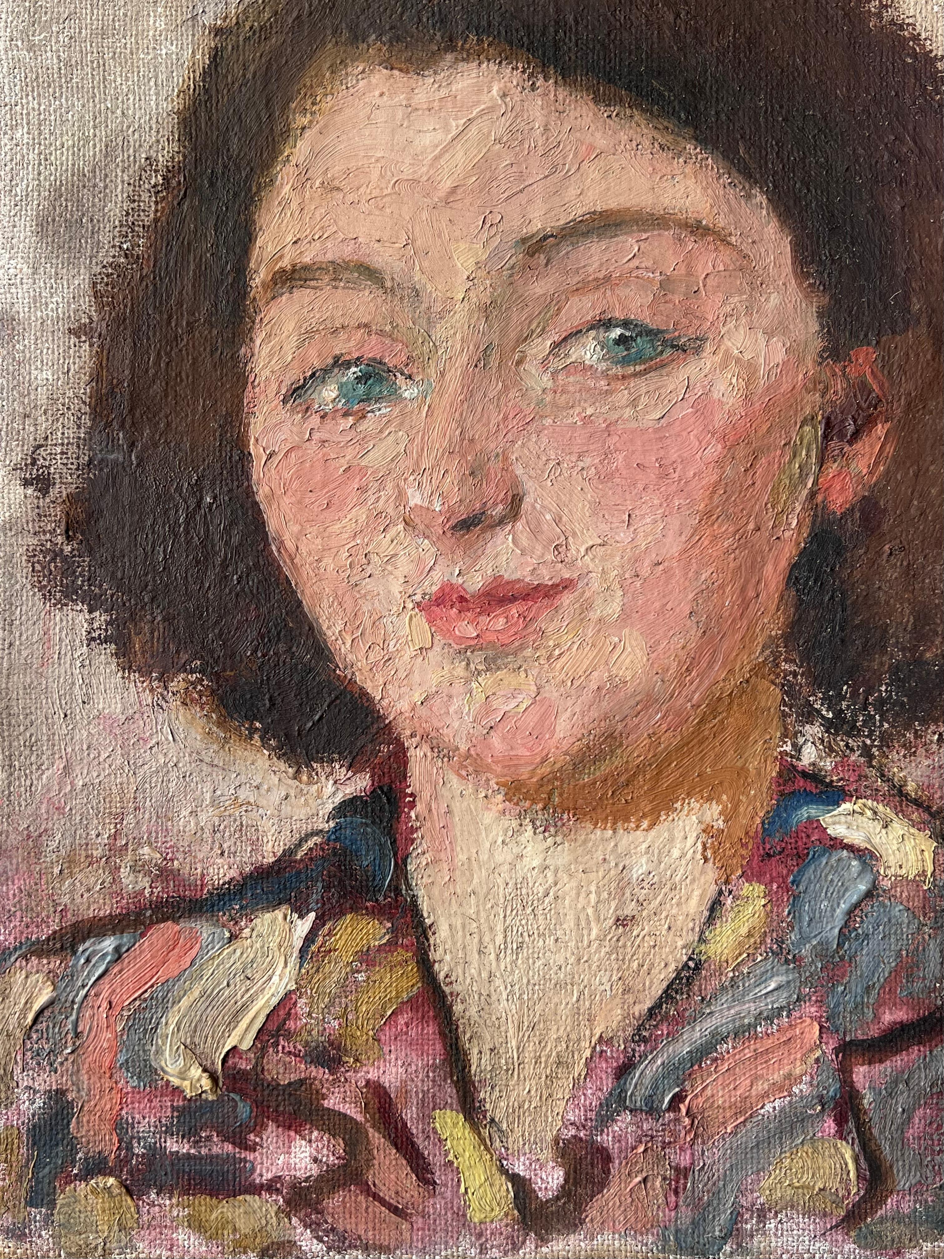 Mid Century Französisch Impressionist Gemälde Green Eyed Chic Brunette Porträt (Braun), Portrait Painting, von Suzanne Dinkes