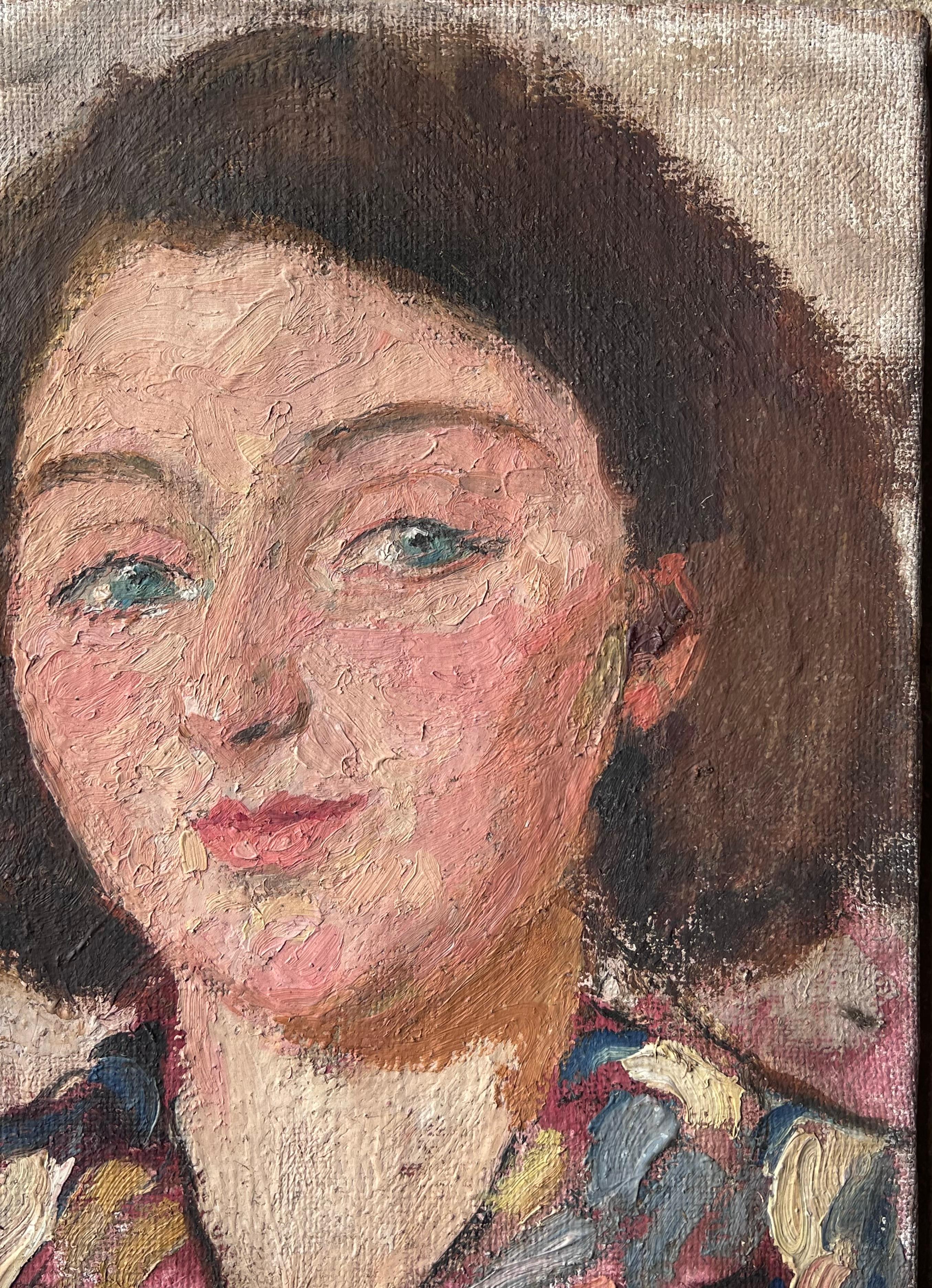Mid Century Französisch Impressionist Gemälde Green Eyed Chic Brunette Porträt im Angebot 1