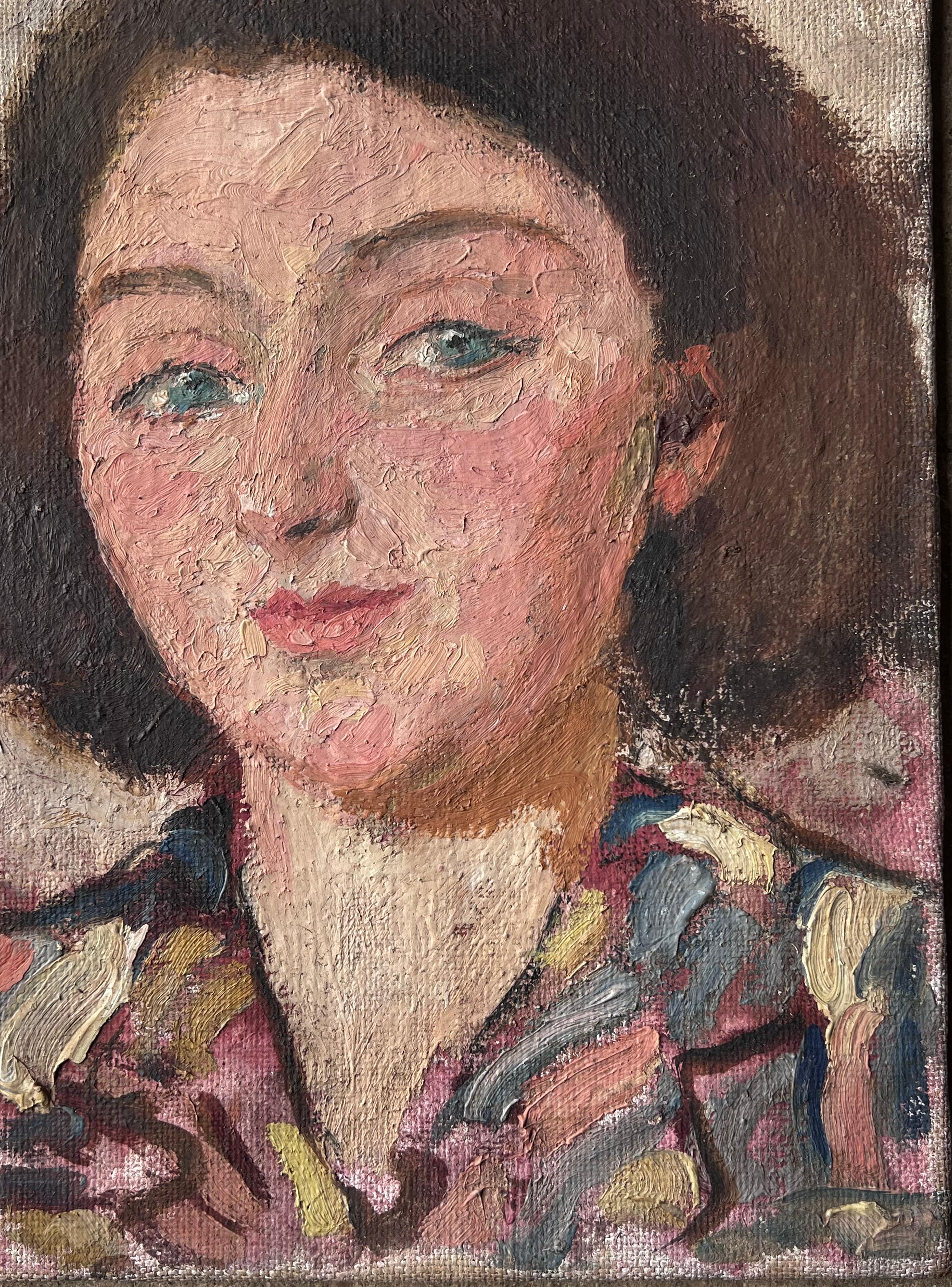 Mid Century Französisch Impressionist Gemälde Green Eyed Chic Brunette Porträt im Angebot 2