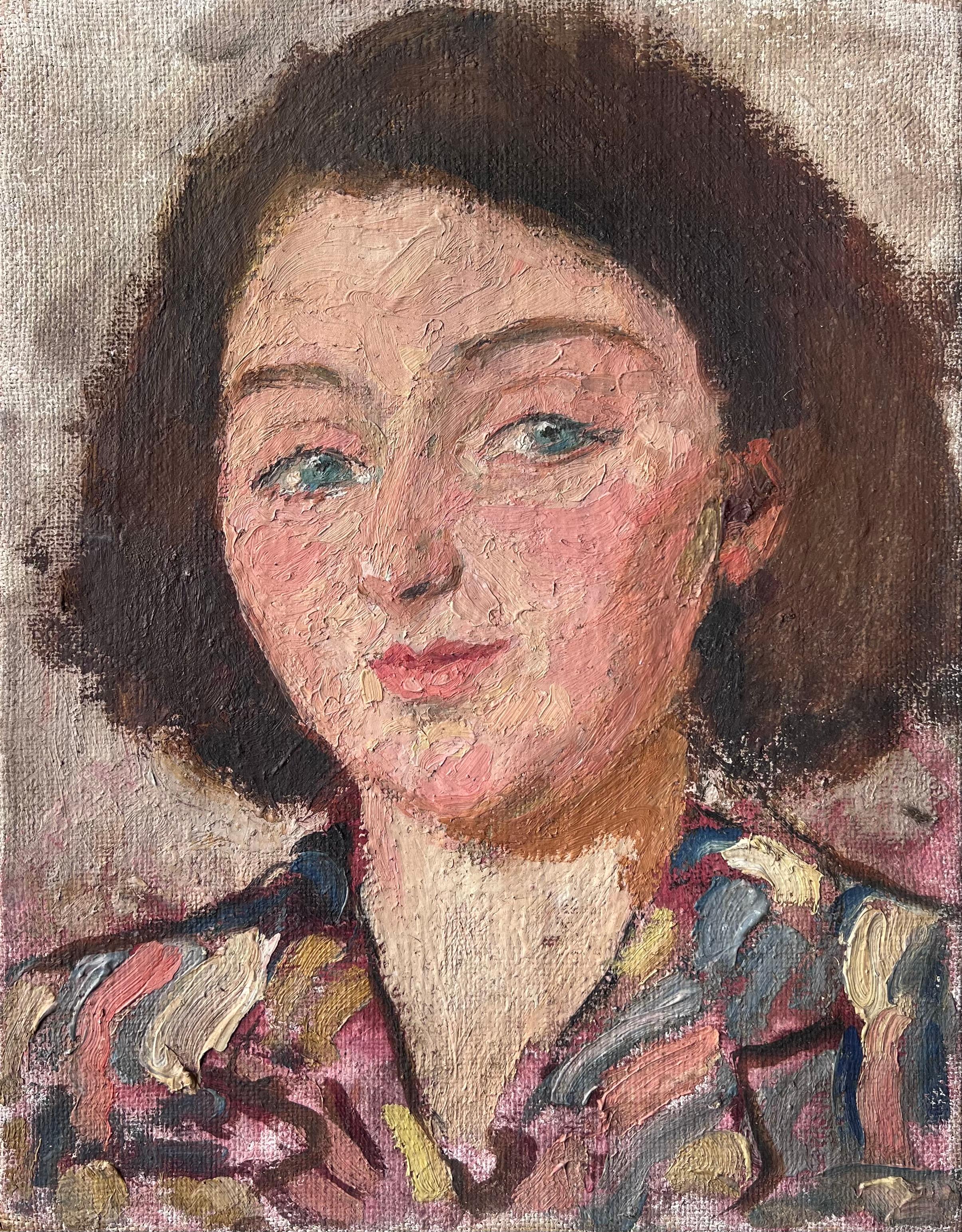 Mid Century Französisch Impressionist Gemälde Green Eyed Chic Brunette Porträt