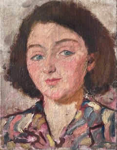 Mid Century Französisch Impressionist Gemälde Green Eyed Chic Brunette Porträt