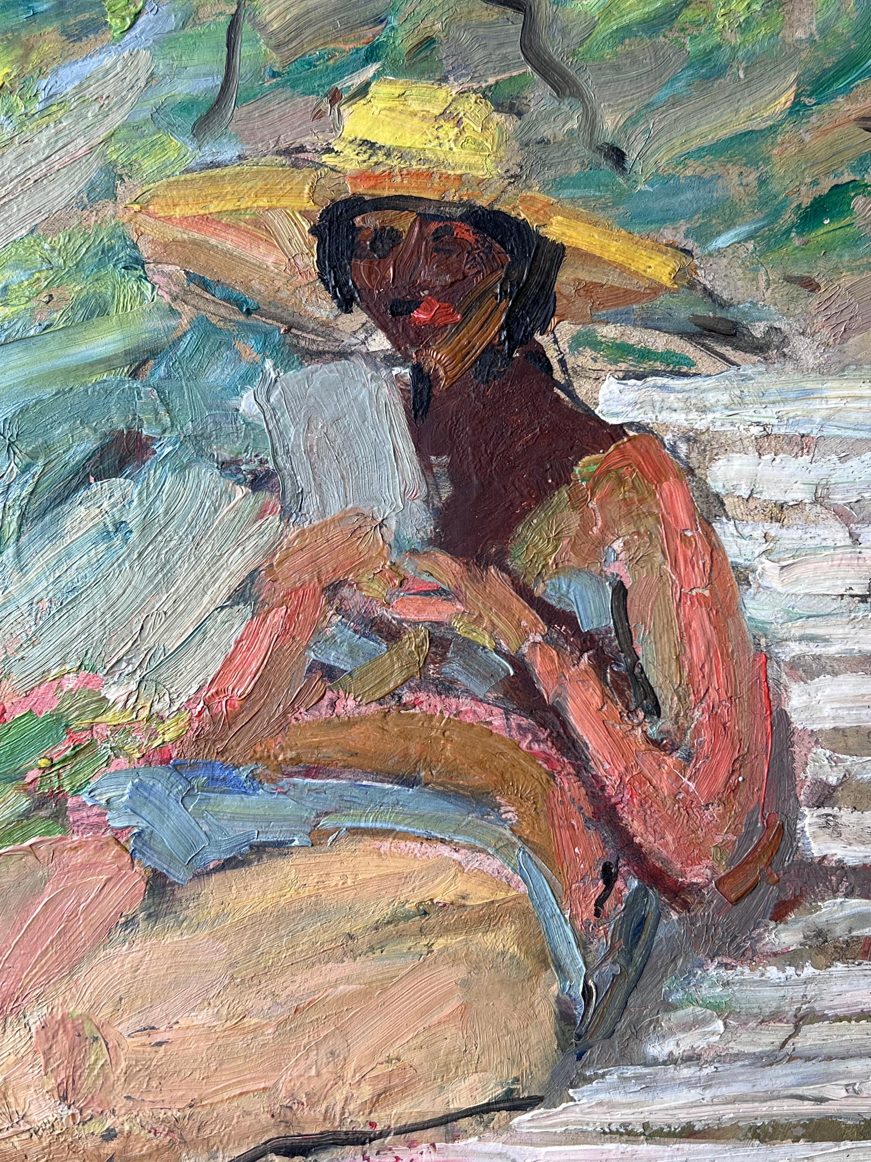 Mid Century French Impressionist Painting Lady Sunbathing Reading In The Garden For Sale 7