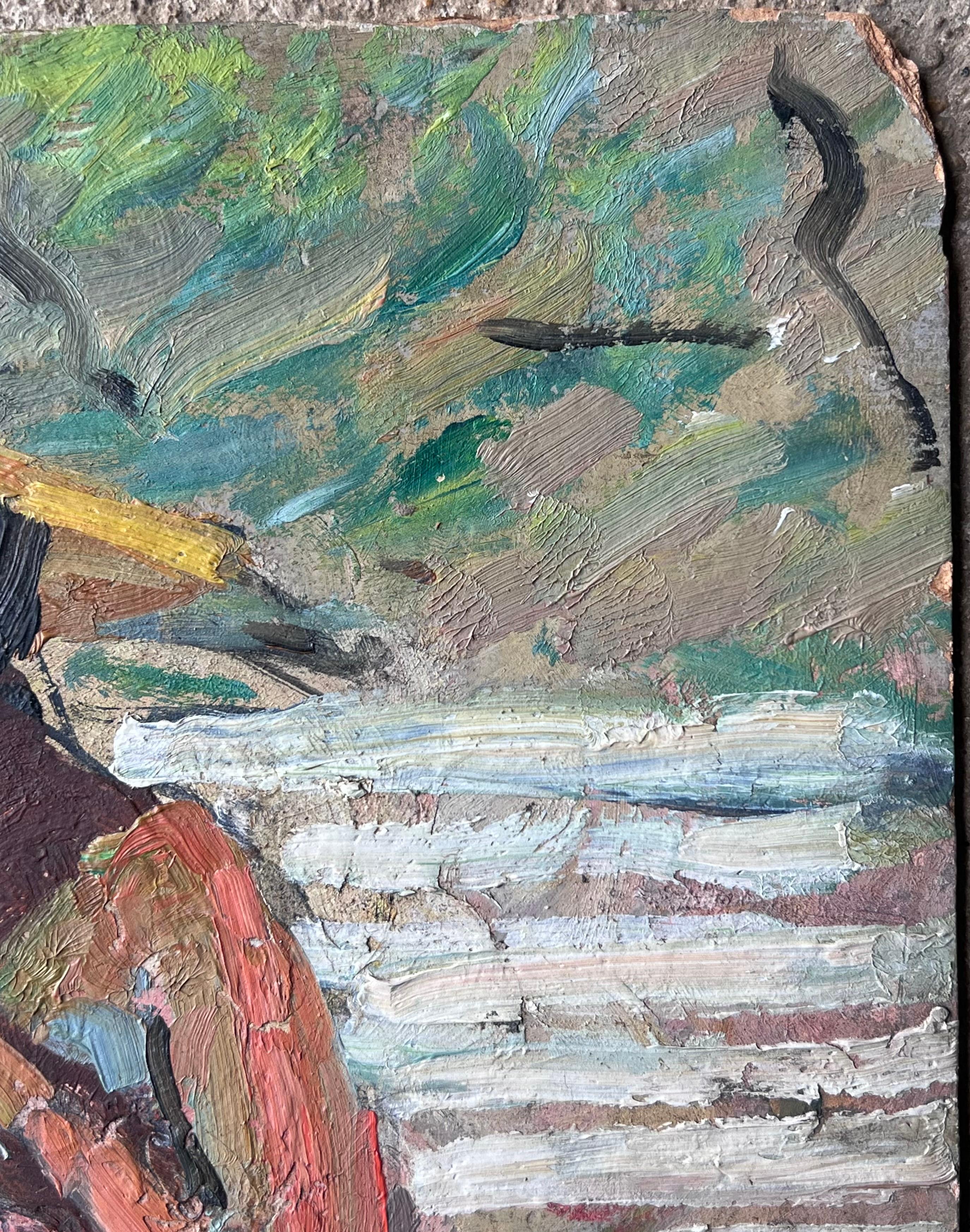 Mid Century French Impressionist Painting Lady Sunbathing Reading In The Garden For Sale 8